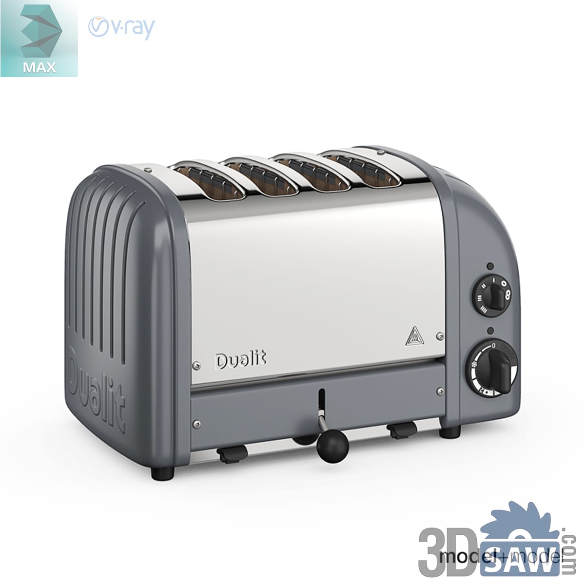 Wide four-slot toaster with a brushed steel body, grey fluted end caps and twist dials