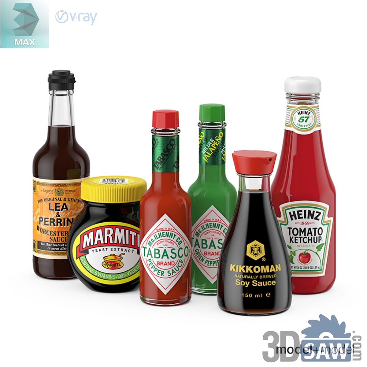 Group of table sauce bottles: brown sauce, yeast spread, red and green pepper sauce, soy sauce and ketchup