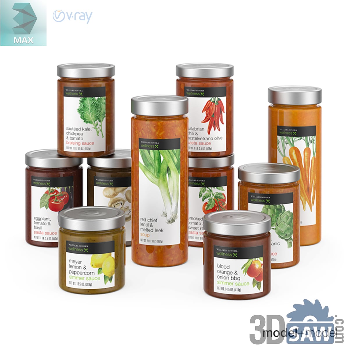 Ten glass jars of pasta and simmer sauce with silver lids and illustrated vegetable labels