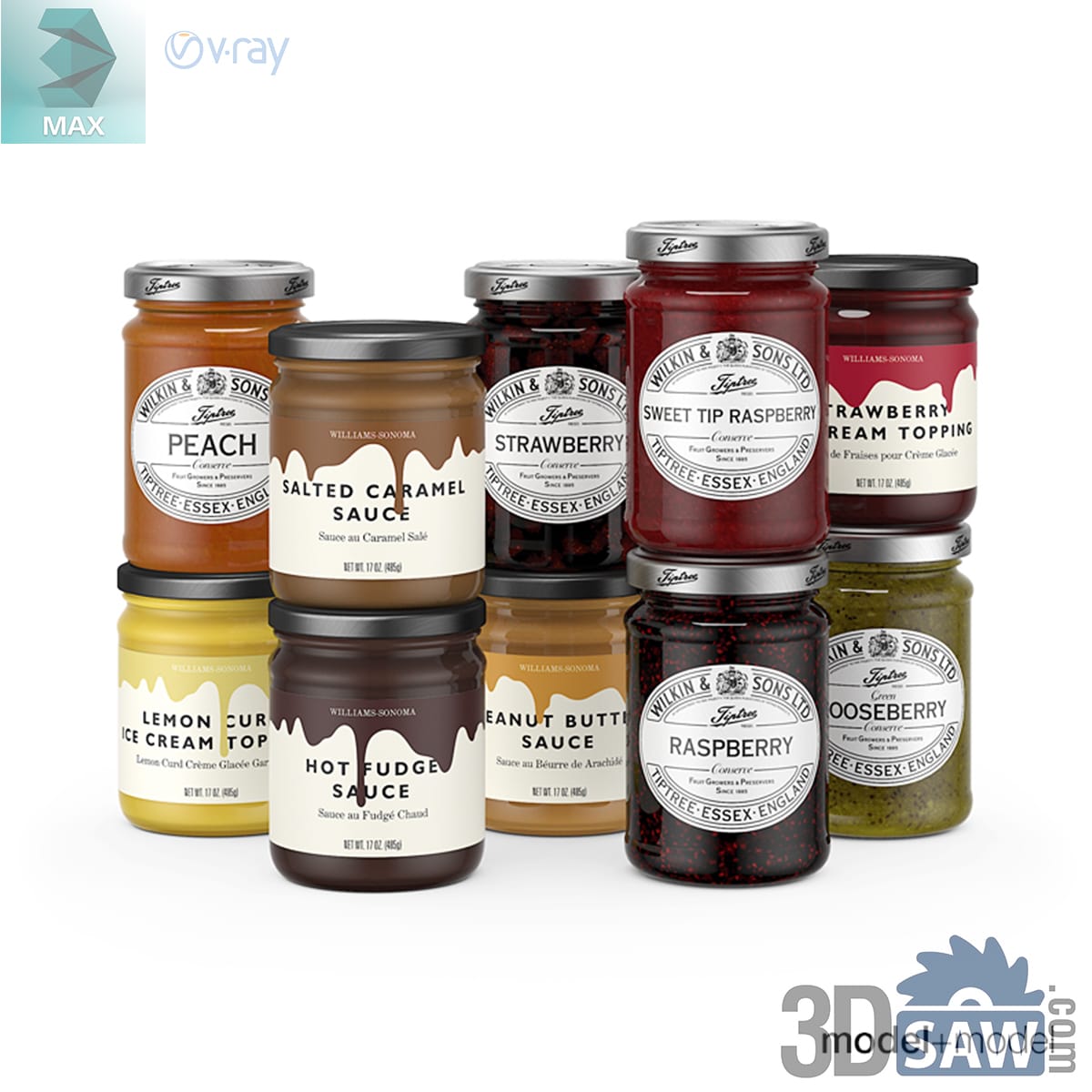 Ten stubby glass jars of dessert sauces and fruit preserves stacked in two rows