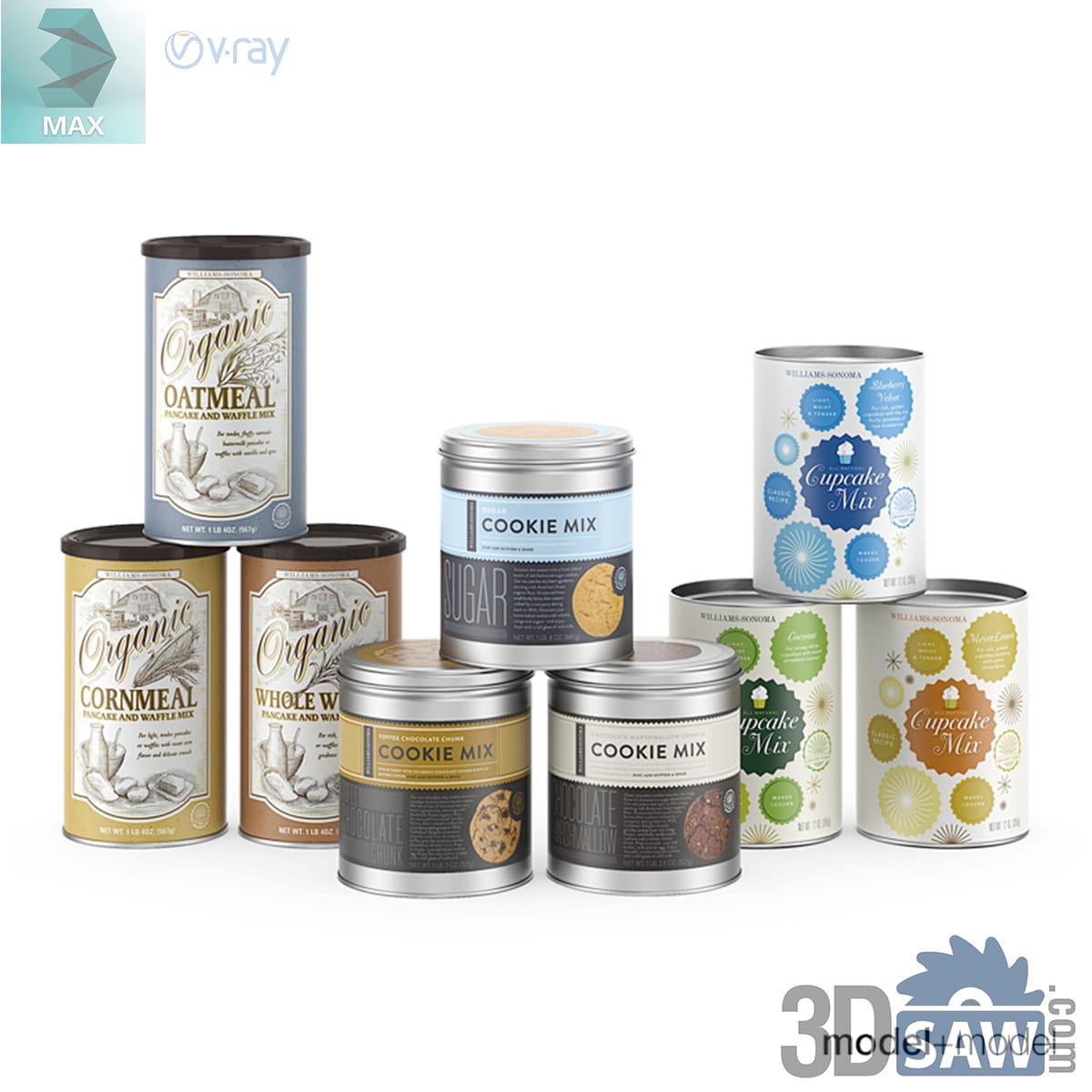 Cardboard canisters and metal-lidded tins of oatmeal, cornmeal, cookie mix and cupcake mix