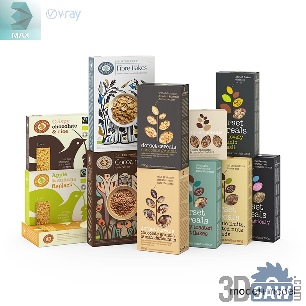 Nine slim cardboard cartons of muesli, granola and cereal bars in kraft, cream and dark packs