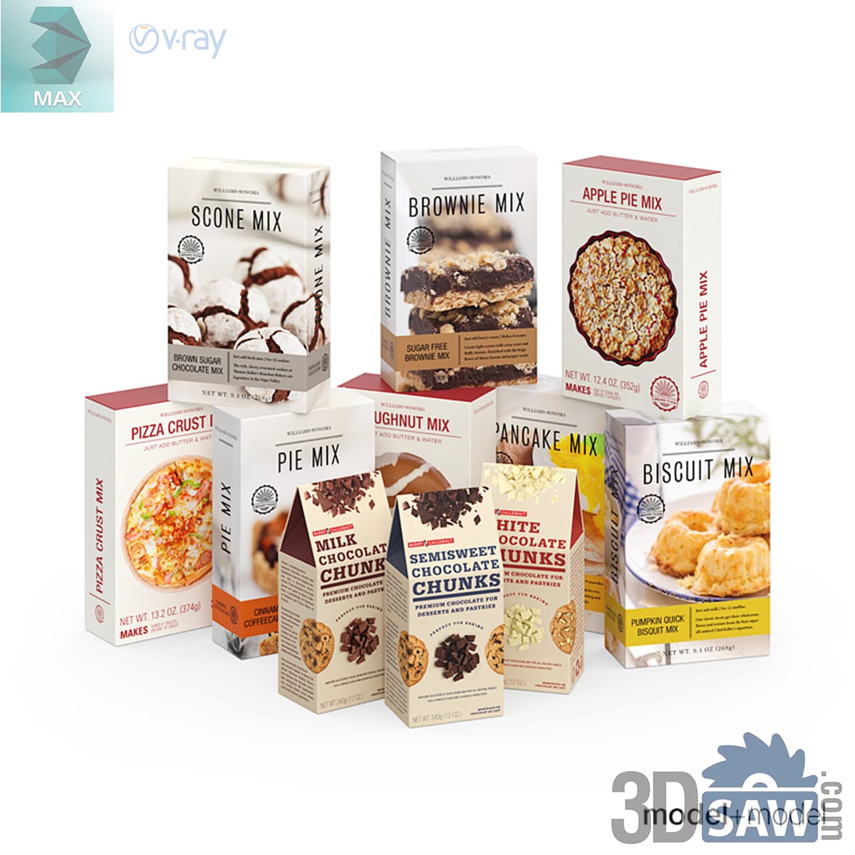 Stacked baking-mix cartons for scones, brownies, pie and pancakes with chocolate chunk pouches