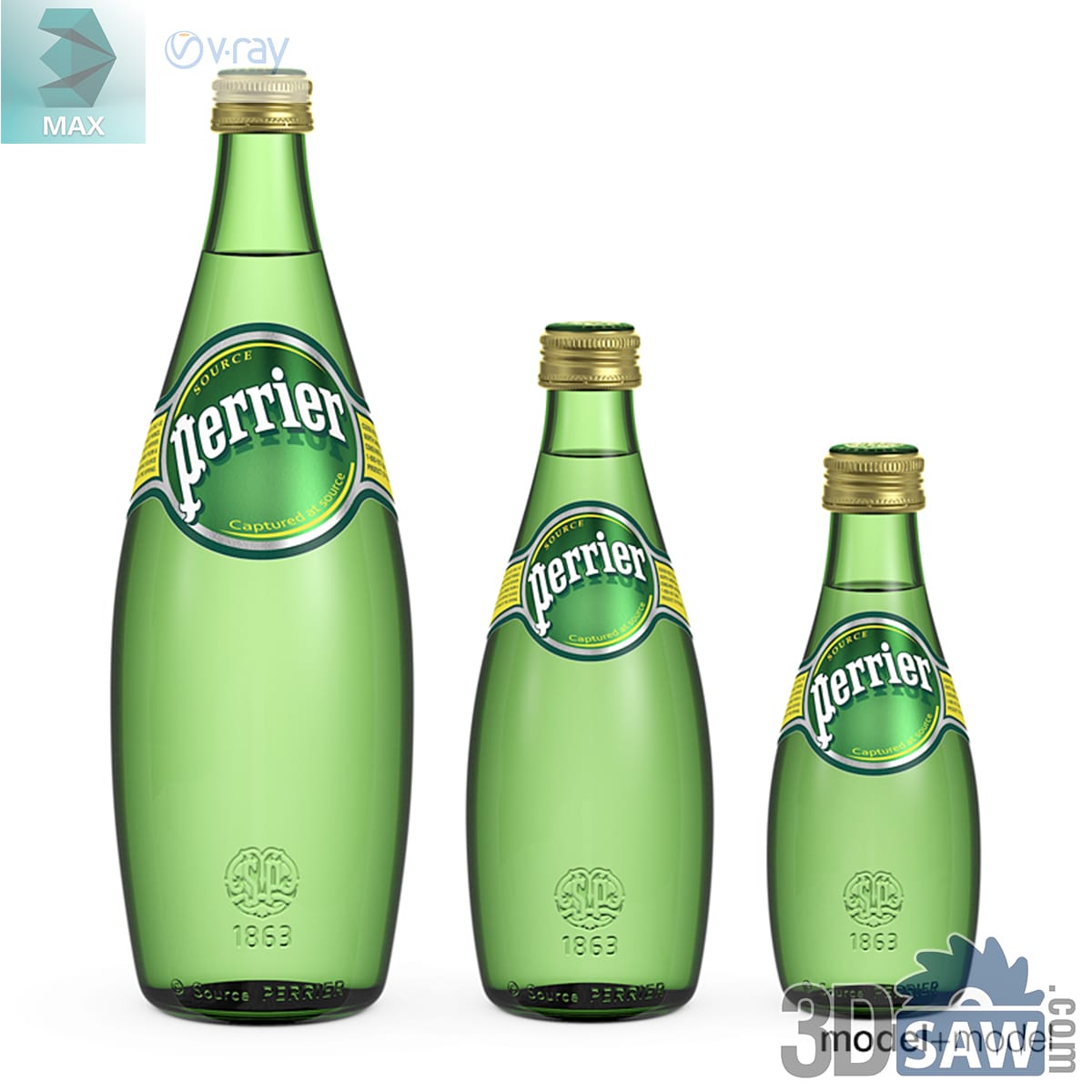 Three graduated teardrop green glass sparkling water bottles with gold caps and oval labels