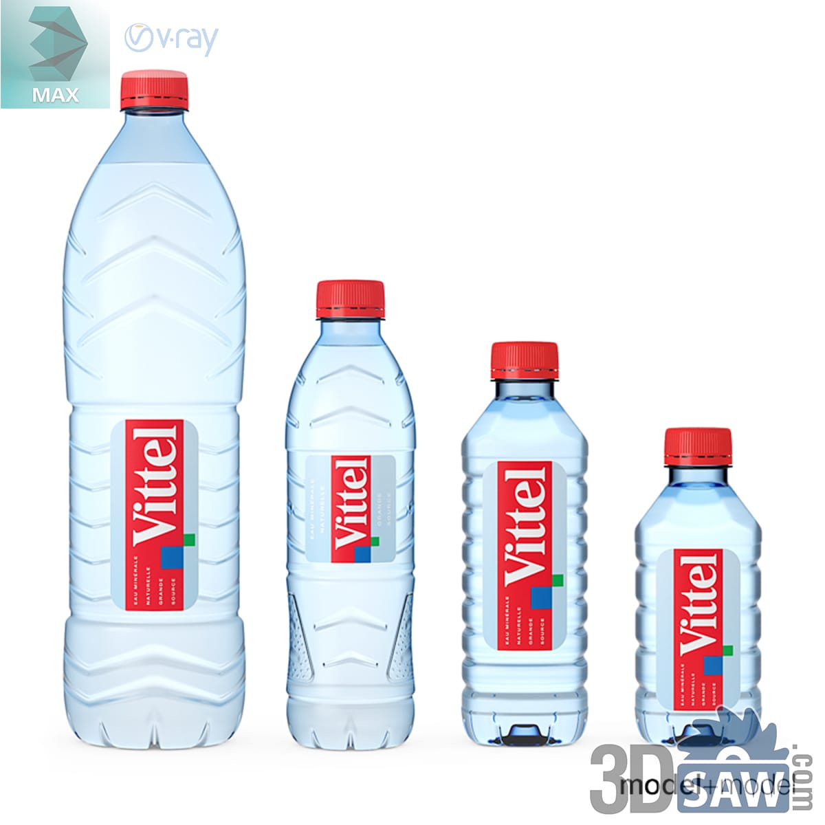 Four graduated clear plastic still water bottles with faceted grips and red caps and labels