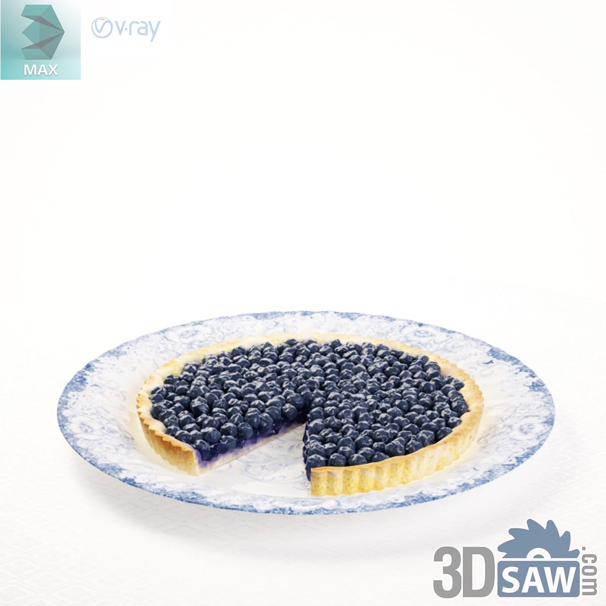 Whole blueberry tart with a slice cut away, packed with glossy berries, on a blue floral plate