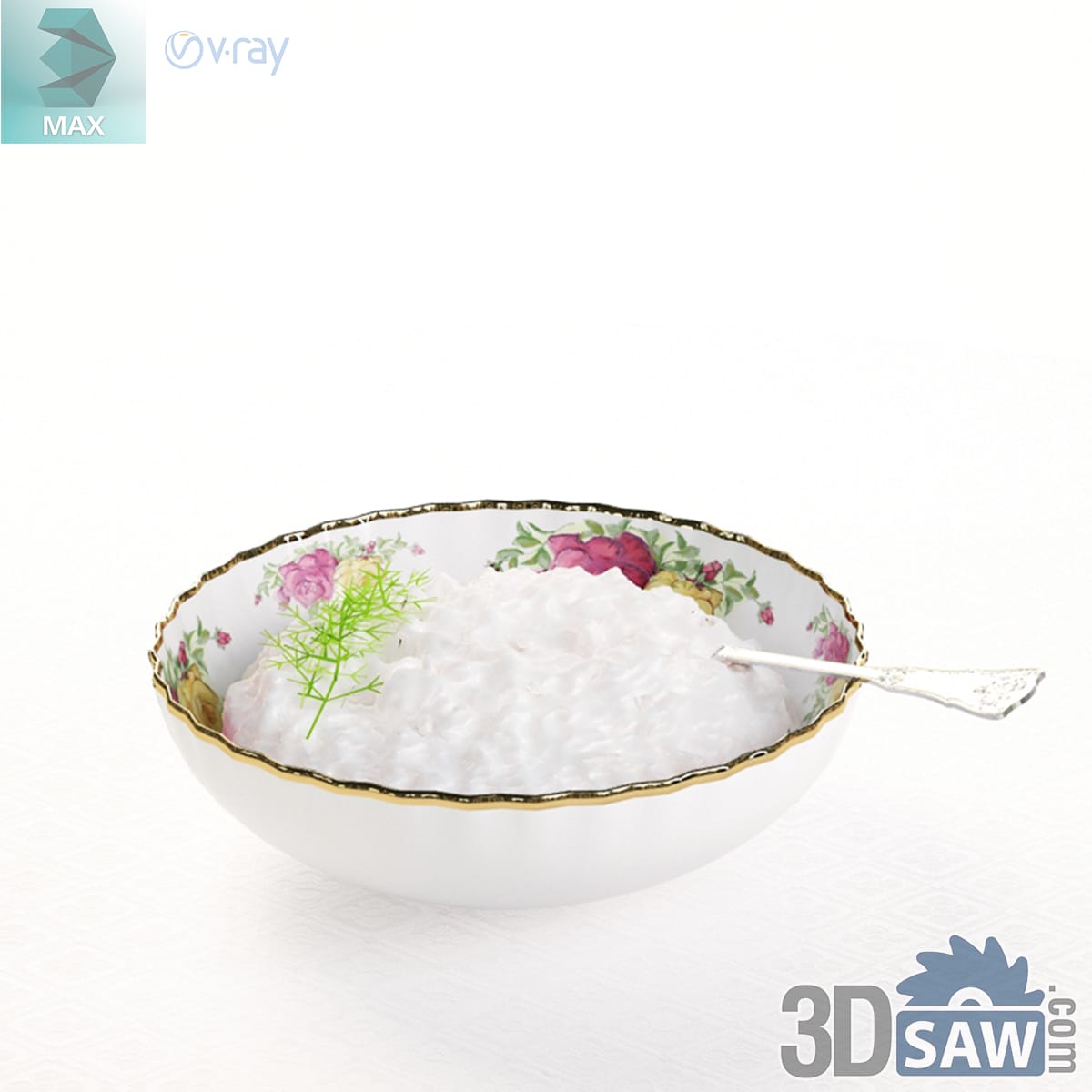 Shallow rose-patterned bowl of rice porridge topped with a dill sprig and a silver spoon