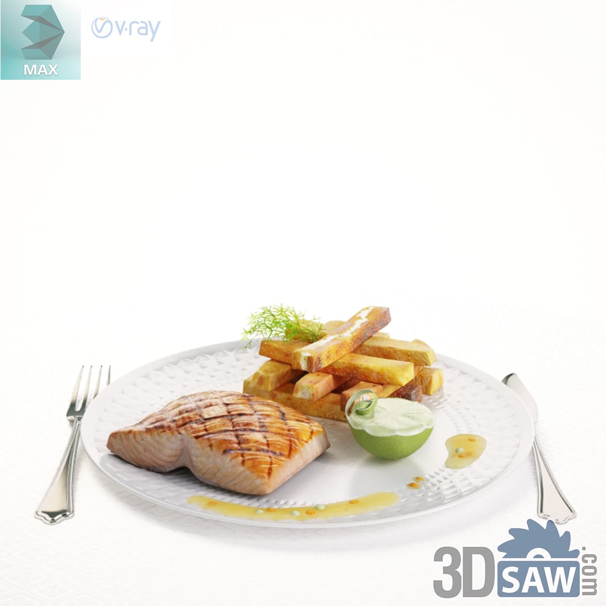 Seared salmon fillet with steak-cut fries, a lime half and green dip on a textured white plate