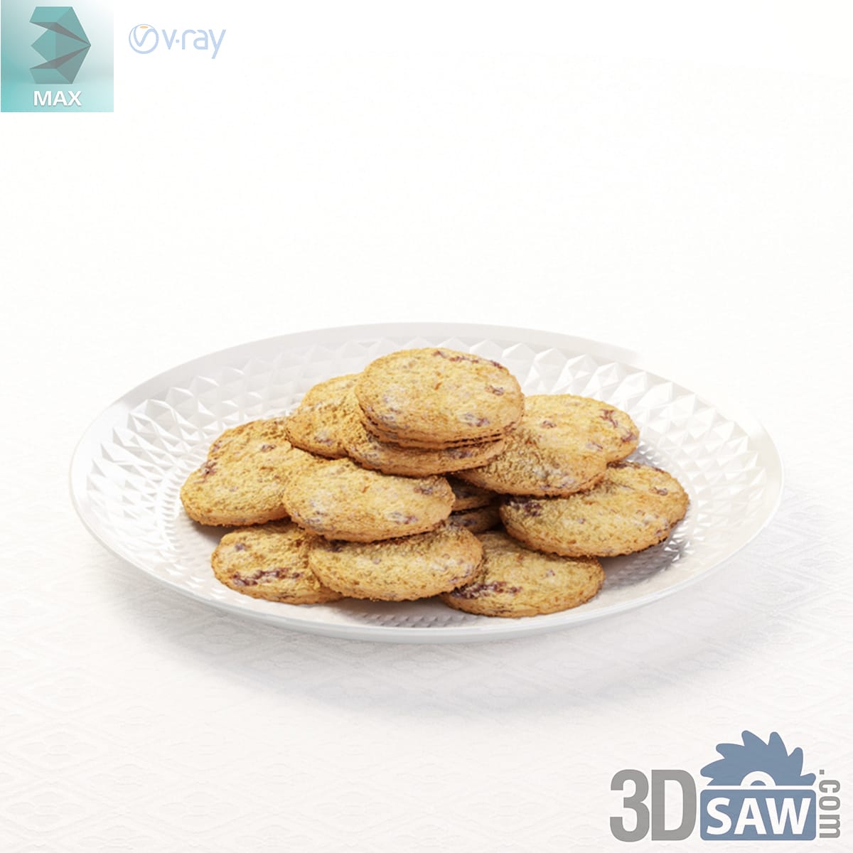 Heap of golden chocolate-chip cookies piled on a white plate with a pierced openwork rim