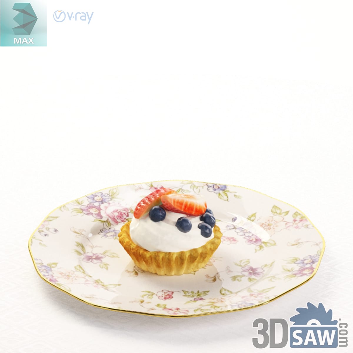 Fluted pastry tartlet with whipped cream, sliced strawberry and blueberries on a floral chintz plate