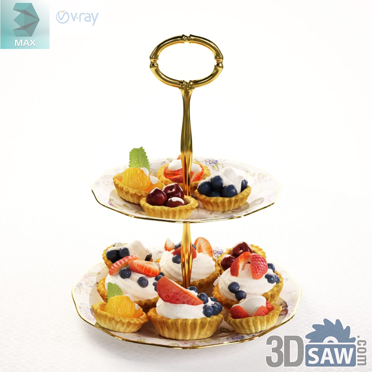 Two-tier gold cake stand of fluted tartlets with whipped cream, strawberries, blueberries and cherries