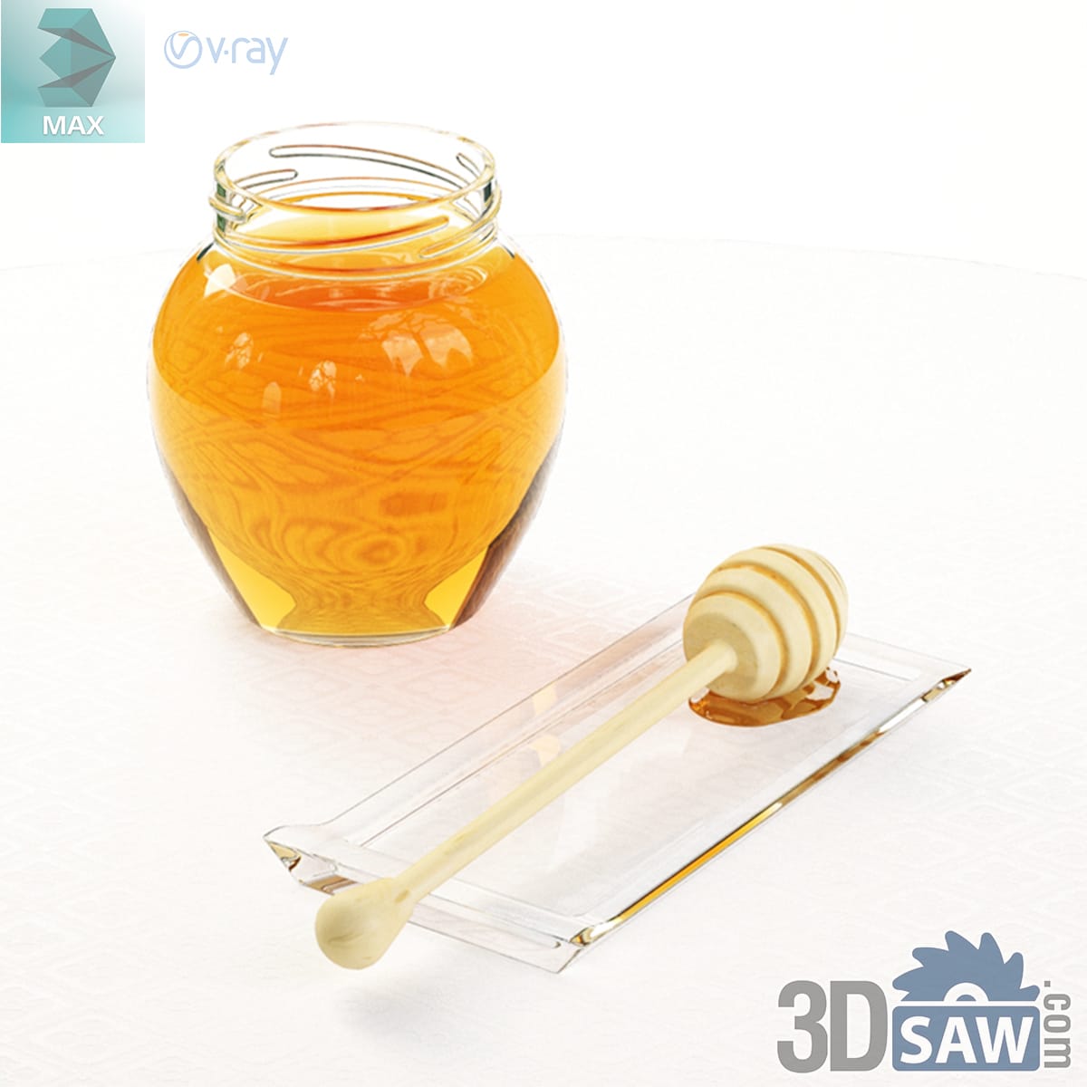 Clear glass jar of amber honey with a turned wooden dipper on a small glass tray