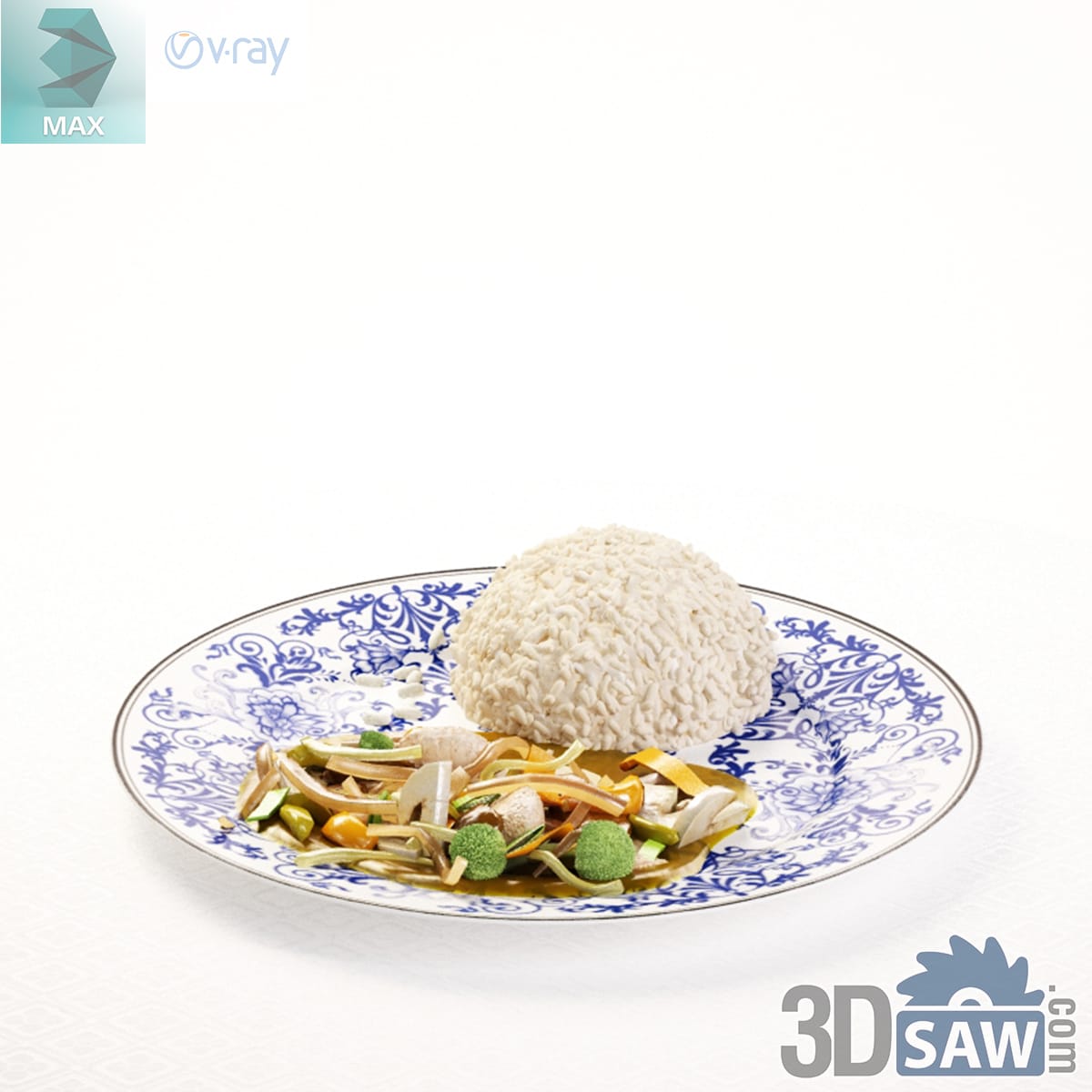 Dome of steamed rice with stir-fried mushrooms and greens on a blue-and-white floral plate
