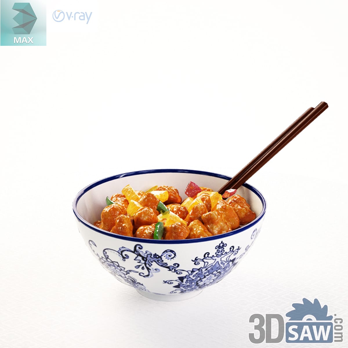 Footed blue-and-white bowl of glazed sweet-and-sour chicken with peppers and a pair of chopsticks