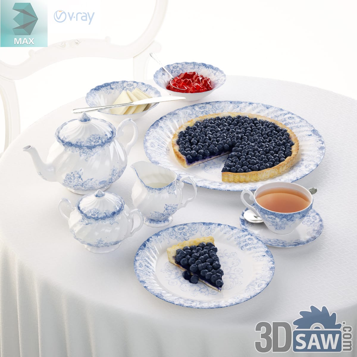 Blue toile teapot, creamer and sugar bowl with a whole blueberry tart, a slice and a cup of tea