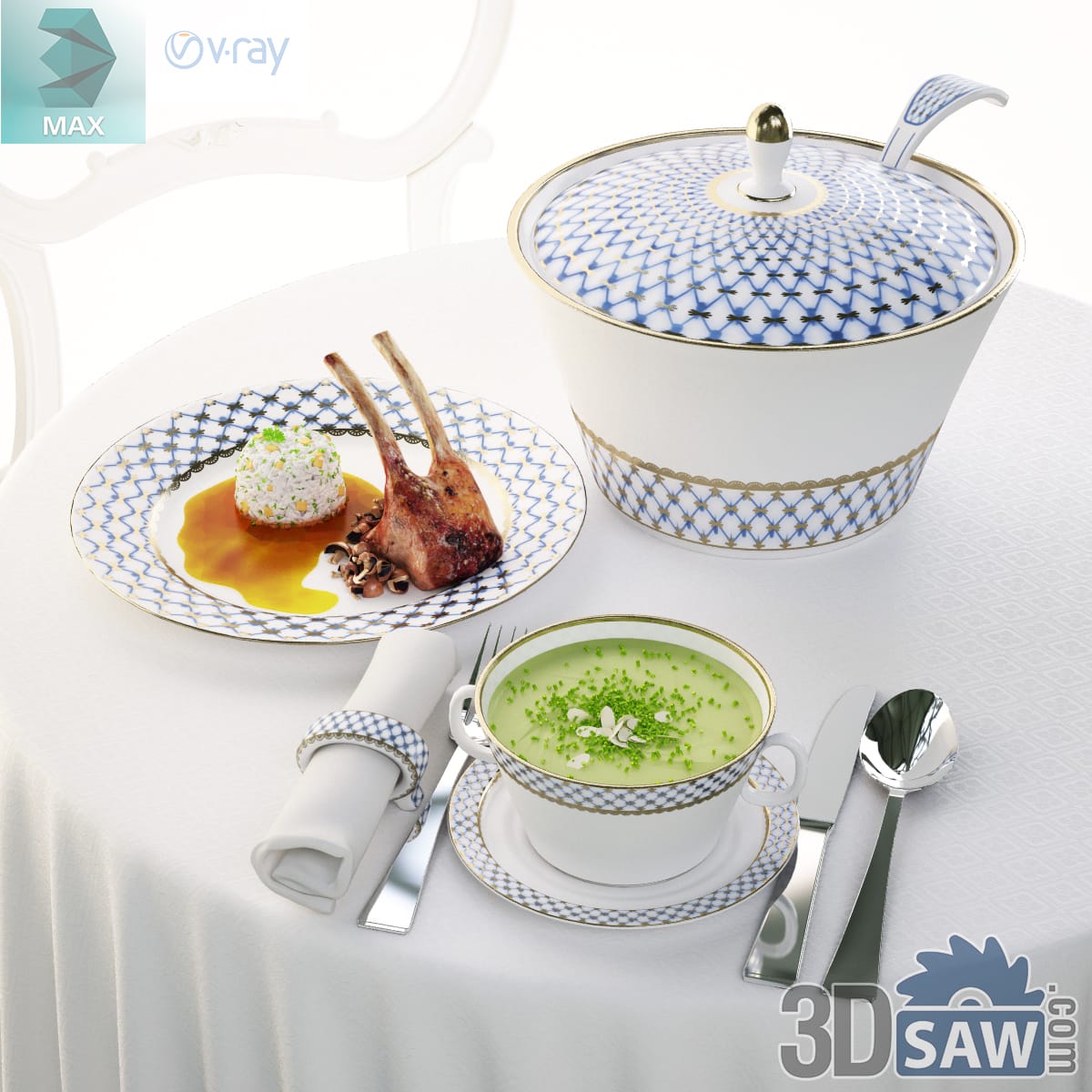 Cobalt-net china tureen, a rack-of-lamb plate and a handled cup of green soup with a folded napkin