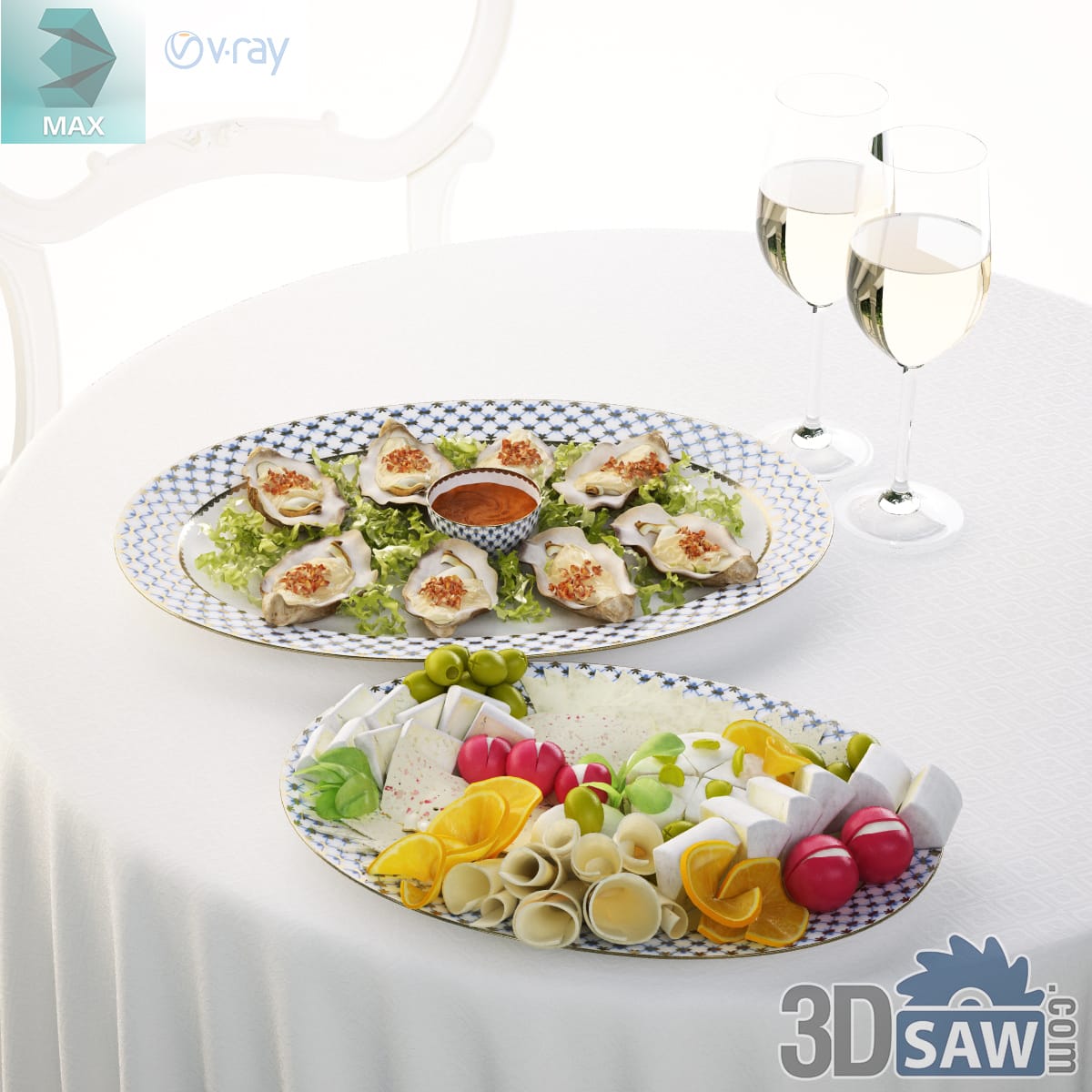 Two blue-check-rimmed platters of baked oysters and an antipasto spread with two glasses of white wine