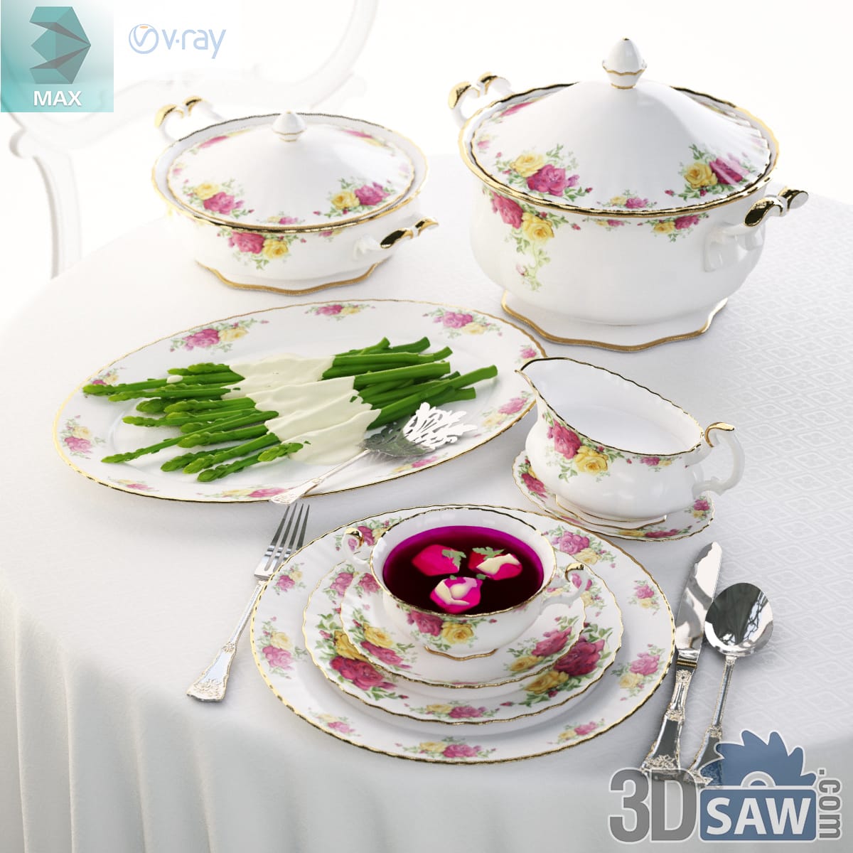 Gold-rimmed rose-print china tureens with a plate of asparagus, a gravy boat and a cup of beet soup
