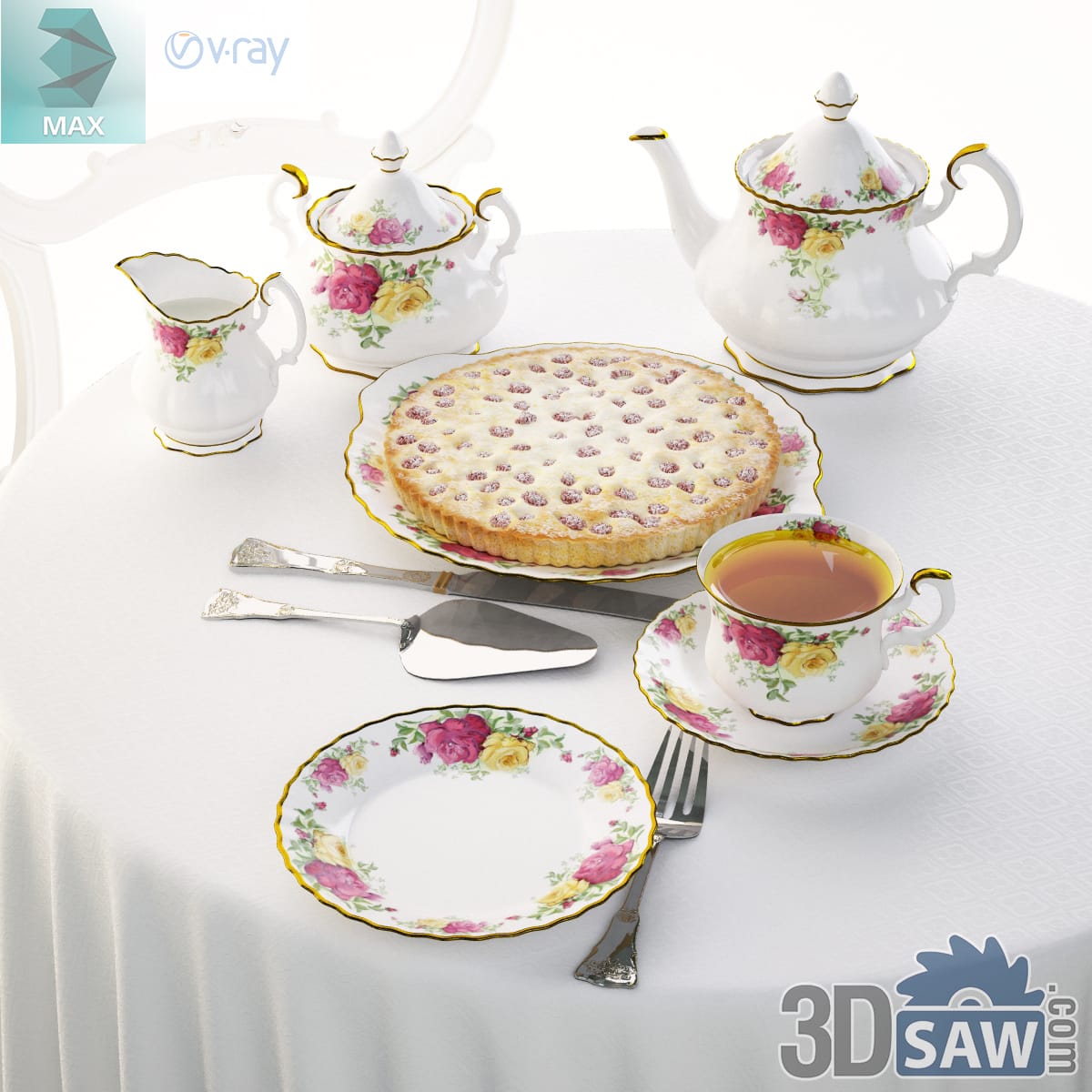 Rose-print teapot, sugar bowl and creamer with a whole red-berry tart and a cup of tea