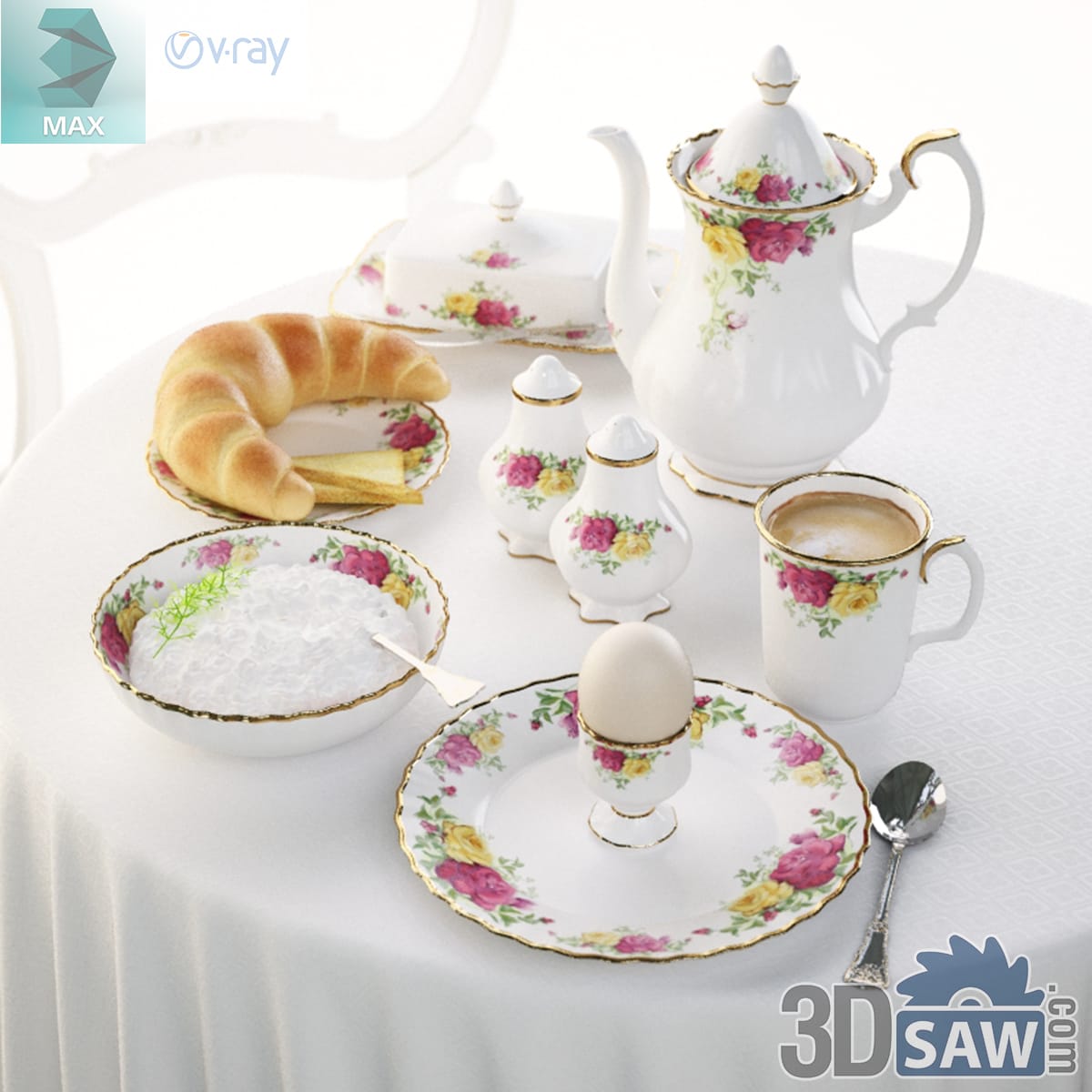 Rose-print coffee pot, butter dish and sugar bowl with a boiled egg, a cappuccino and a croissant