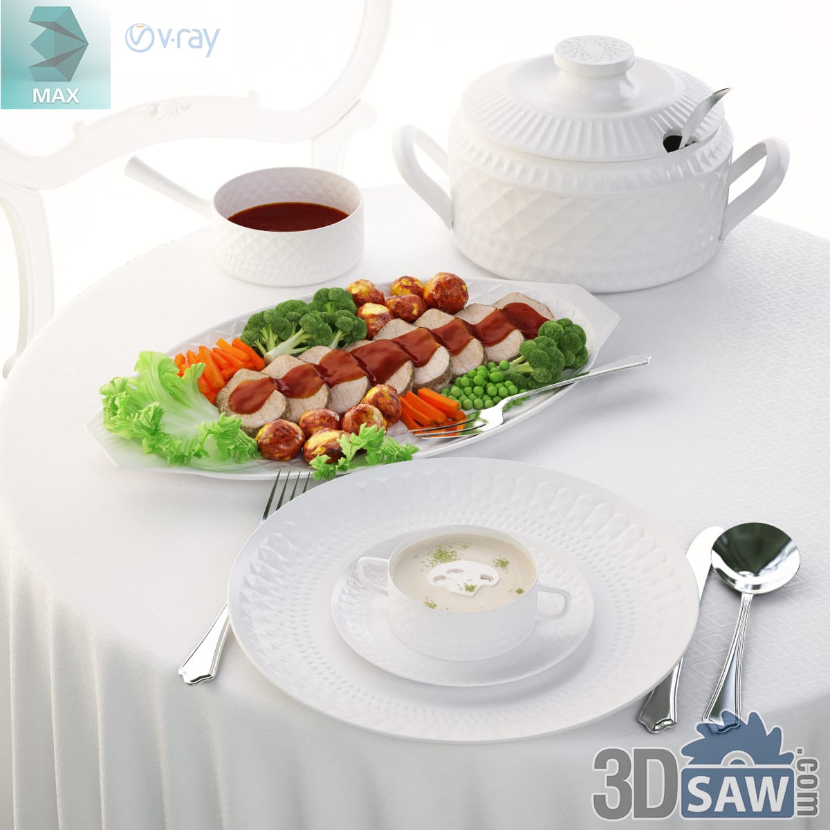 White basket-weave porcelain tureen with a platter of sliced pork and vegetables and a cream soup bowl