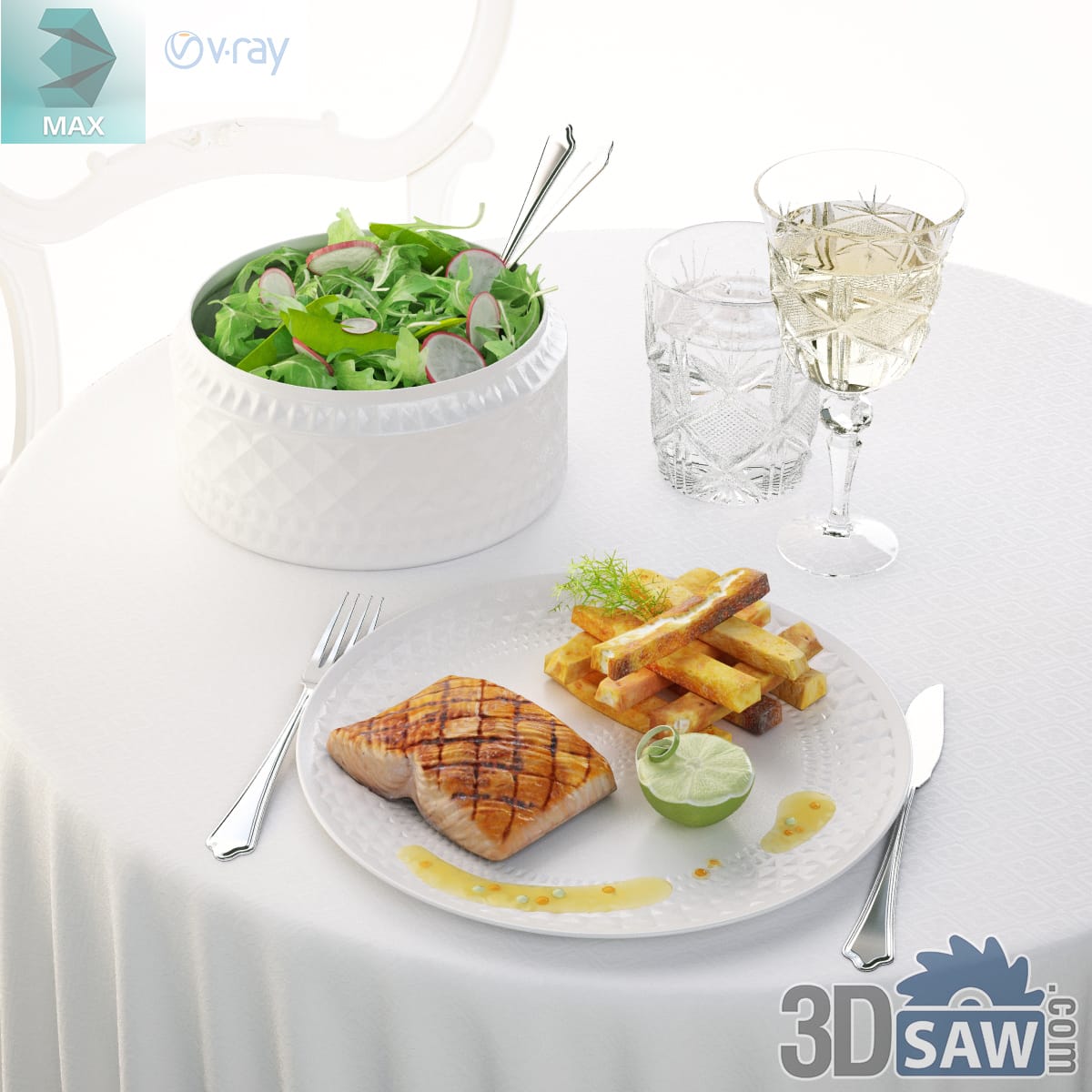 Char-grilled salmon fillet with potato wedges and lime on a white embossed plate beside a leaf salad
