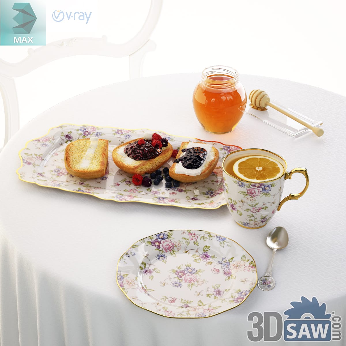 Scalloped chintz tray of jam toast with a glass honey jar and a gold-handled chintz mug of lemon tea