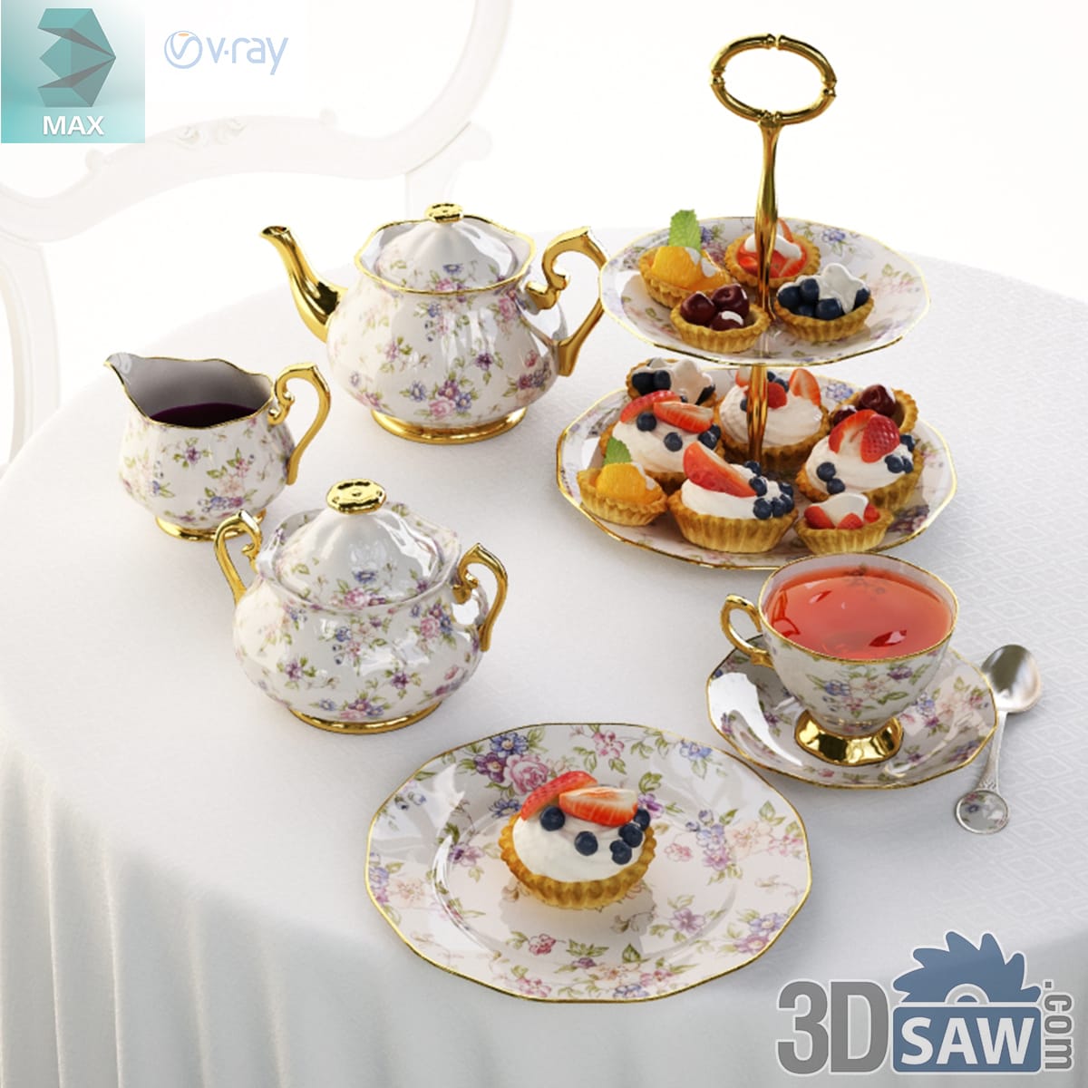 Lilac chintz teapot and sugar bowl with a two-tier gold stand of cream-topped fruit tartlets