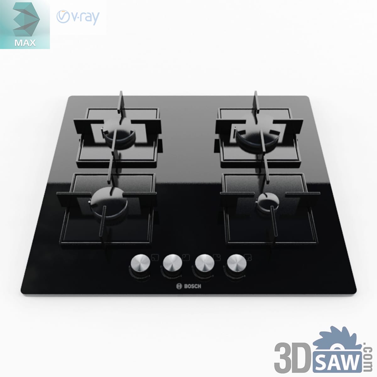 Frameless black glass four-burner gas hob with square cast-iron pan supports and front knobs