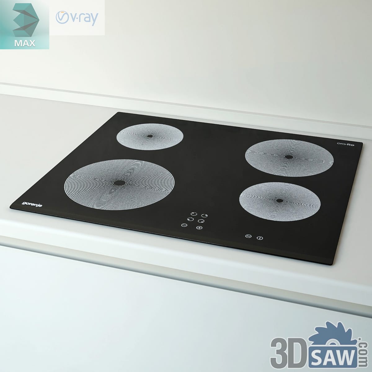 Black glass induction hob flush in a white worktop with four spiral-coil zones and a front touch panel