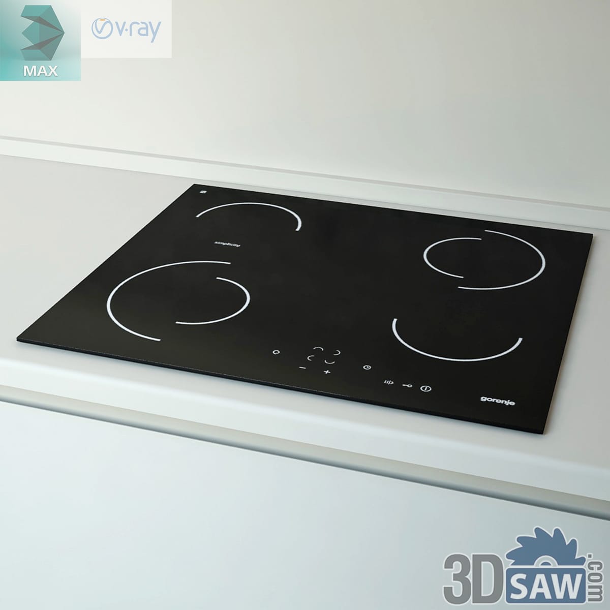 Frameless black induction hob in a pale worktop with four C-bracket zones and central round touch keys