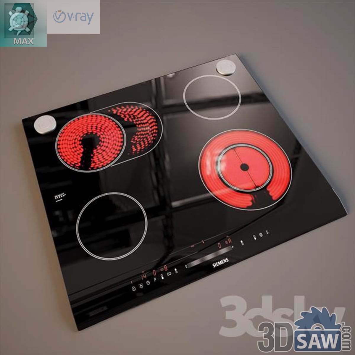 Black ceramic hob with two zones glowing red, a dual-ring element, rear knobs and a front touch panel