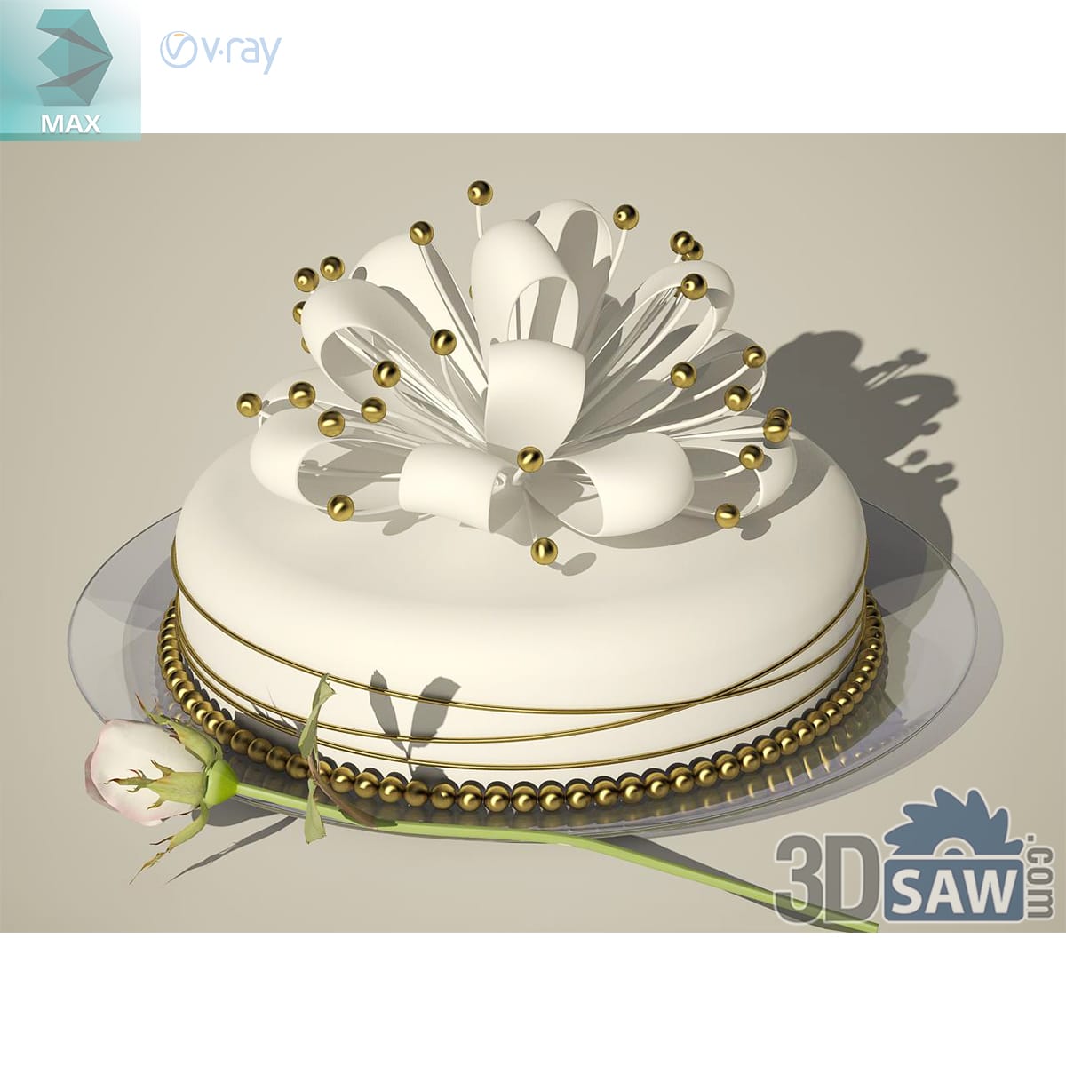 Round white fondant celebration cake with a gold bead border and a large sugar-petal flower on a glass stand