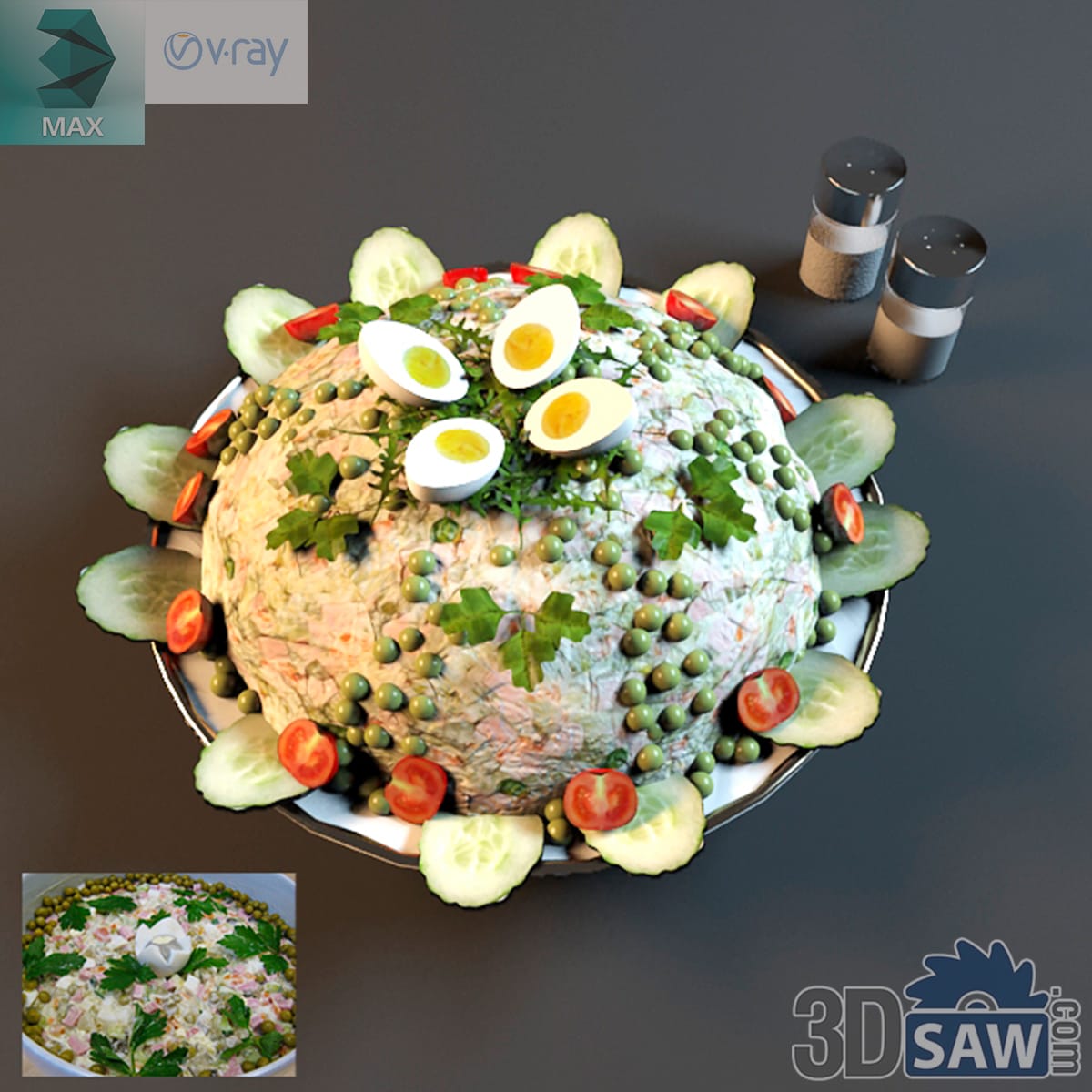 Dome of potato salad coated in peas and ringed with boiled eggs, cucumber and tomato on a platter