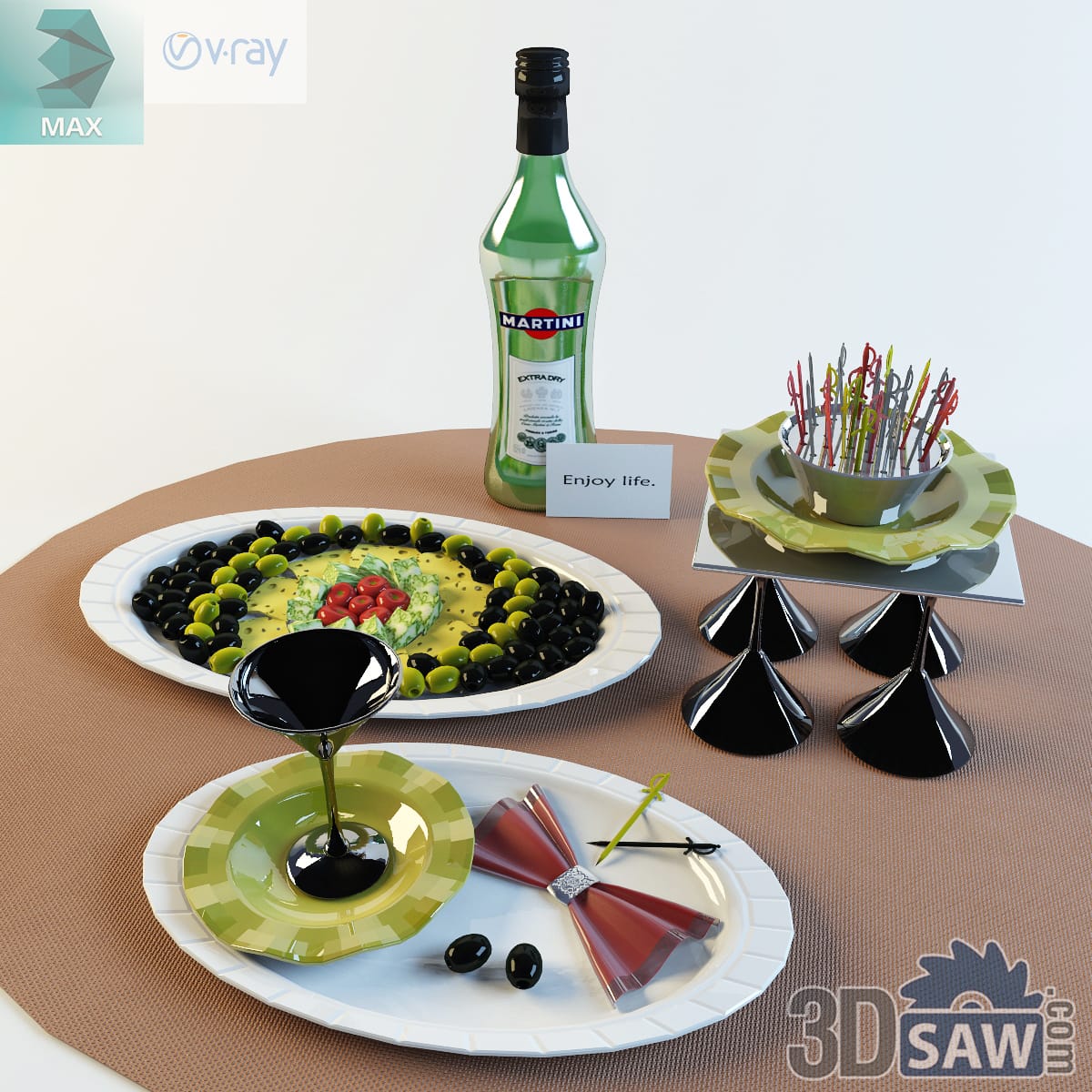 Cocktail-party table with an olive-and-omelette platter, a vermouth bottle and green canape plates