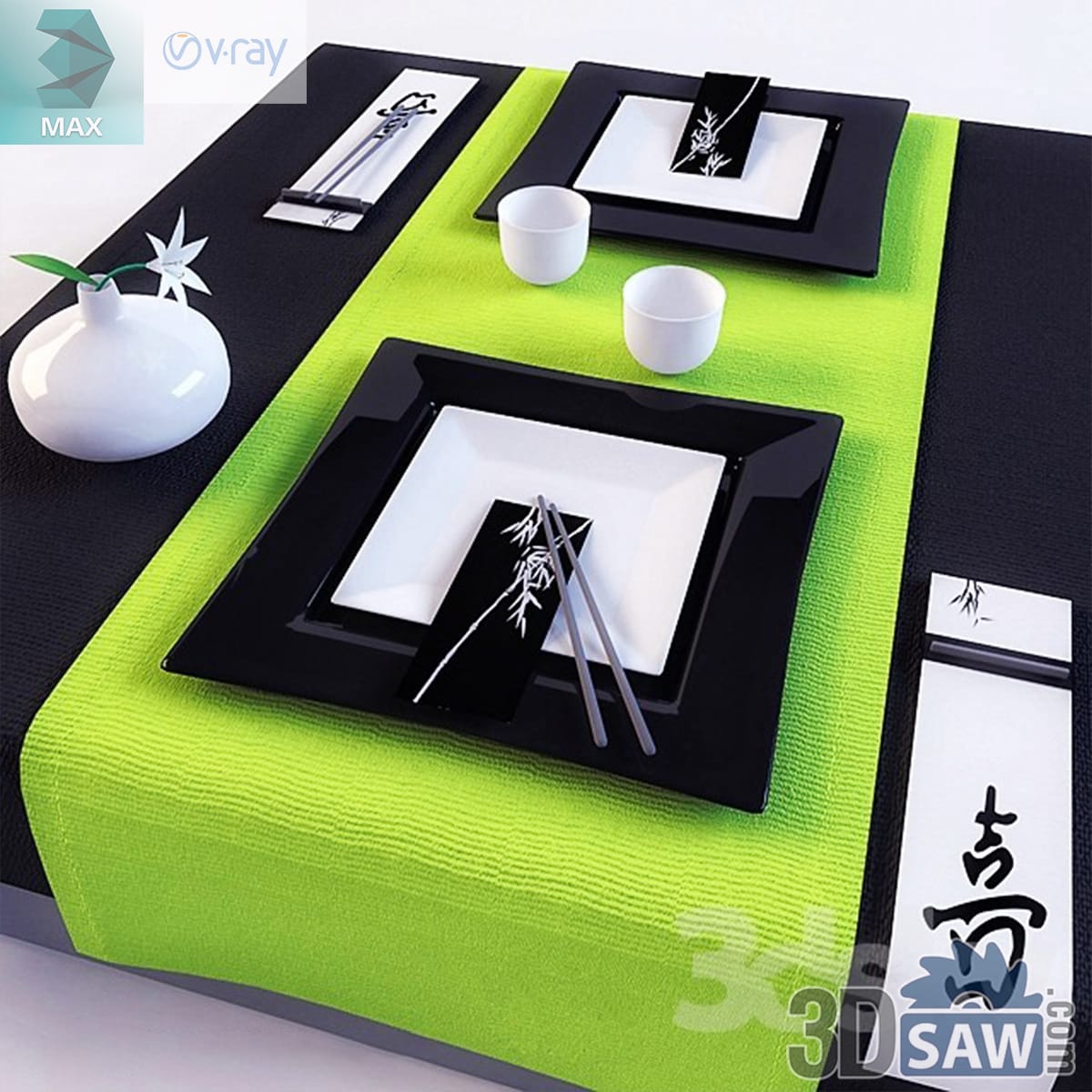 Black-and-lime Japanese table setting with square black plates, white ink-motif dishes and chopsticks