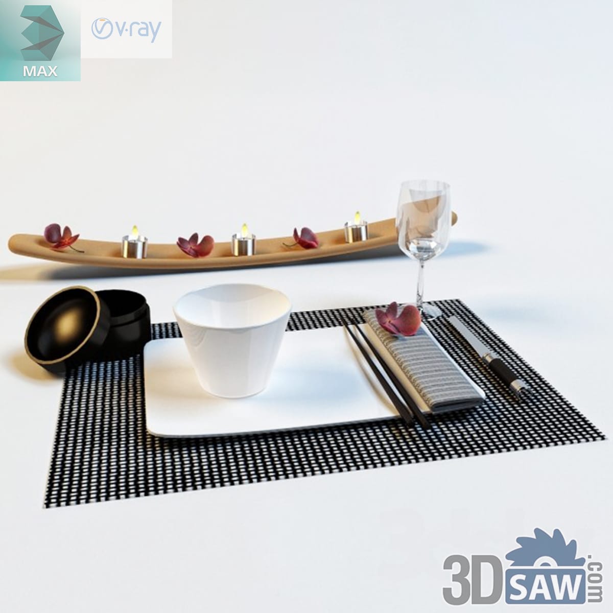 Asian place setting on a black mat with a square plate, black bowls, chopsticks and a candle tray behind