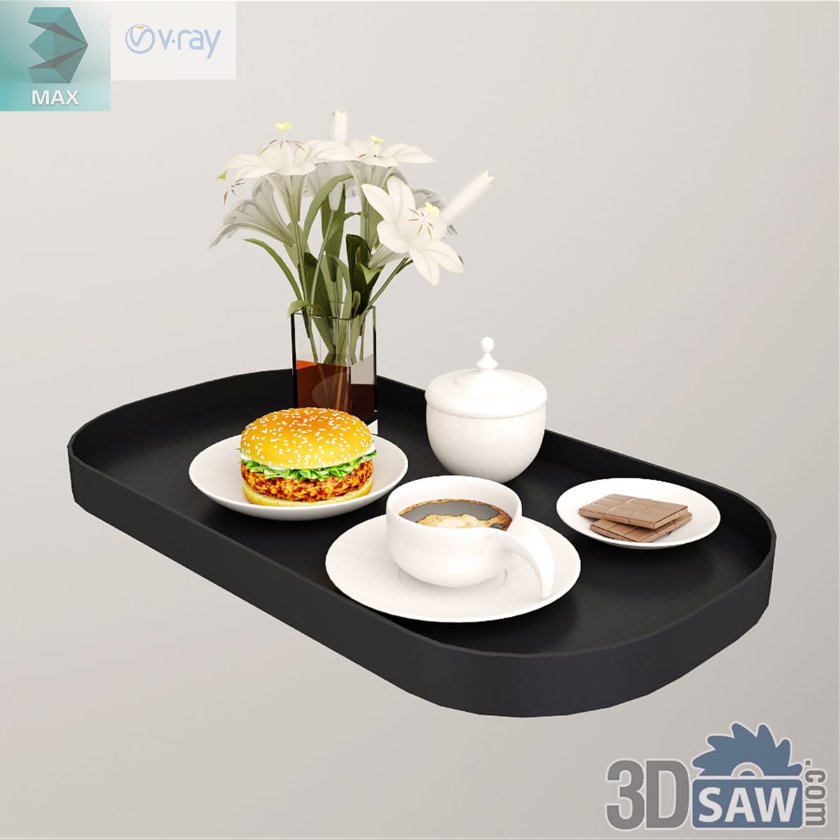 Dark oval tray with a sesame-bun burger, a cup of coffee, a sugar pot and a lily vase