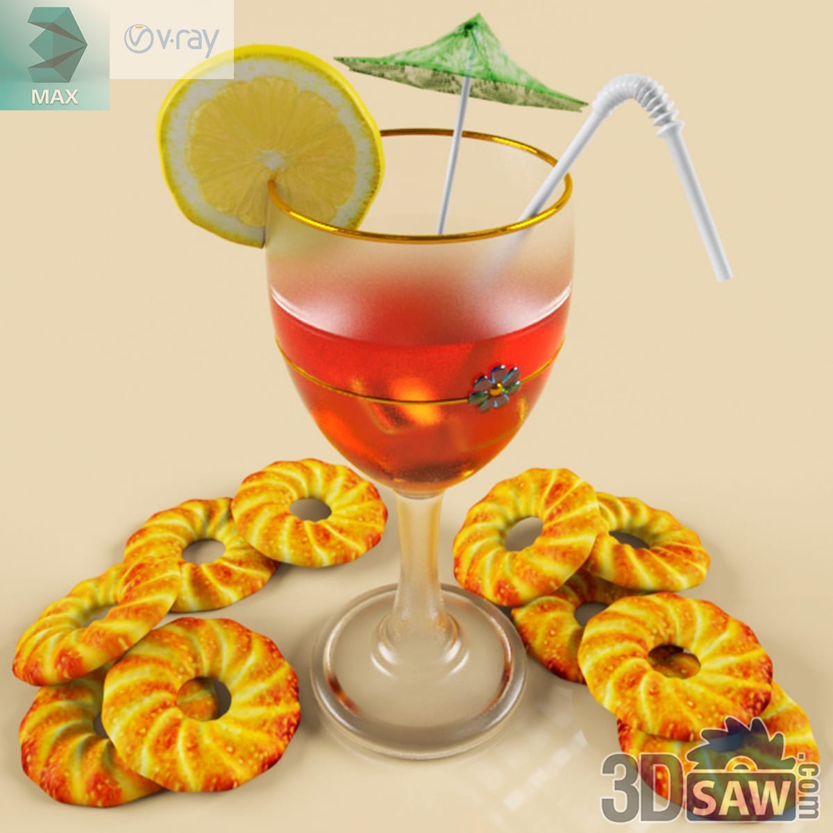 Frosted stemmed glass of pink drink with a lemon wheel and paper parasol, surrounded by butter-ring cookies
