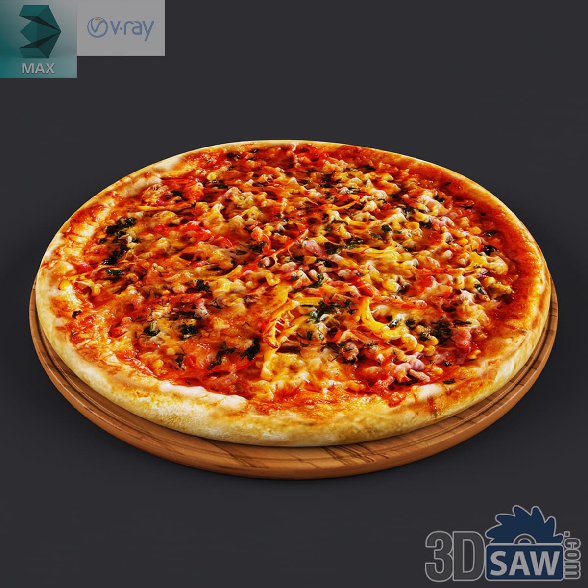 Whole supreme pizza with bubbling cheese, sausage and herbs on a round wooden serving board