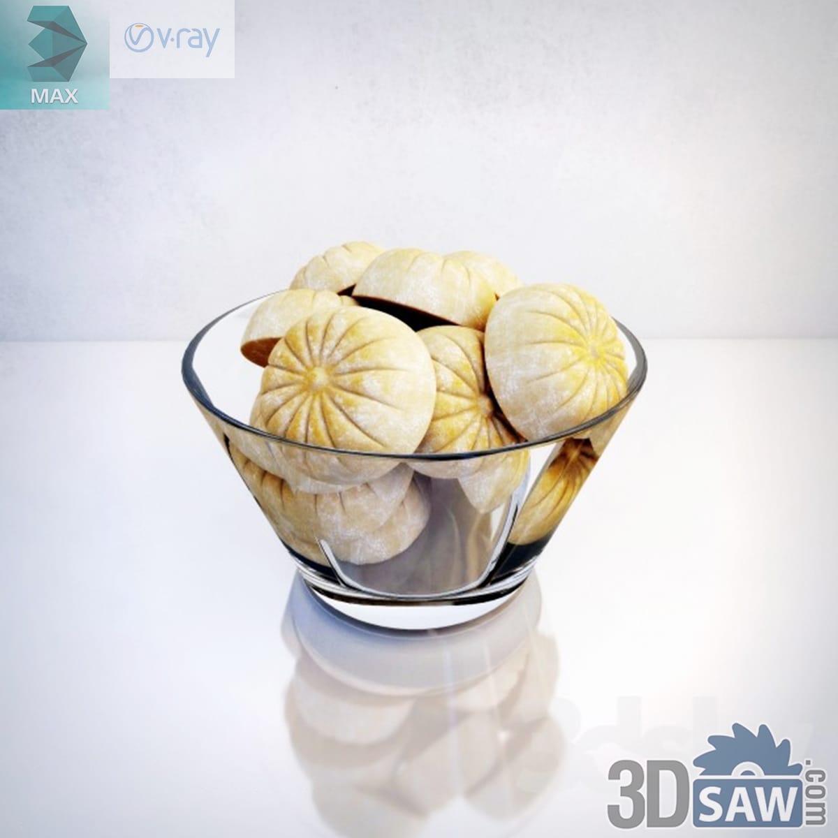 Conical clear glass bowl piled with round pinched shortbread buns scored in a star pattern