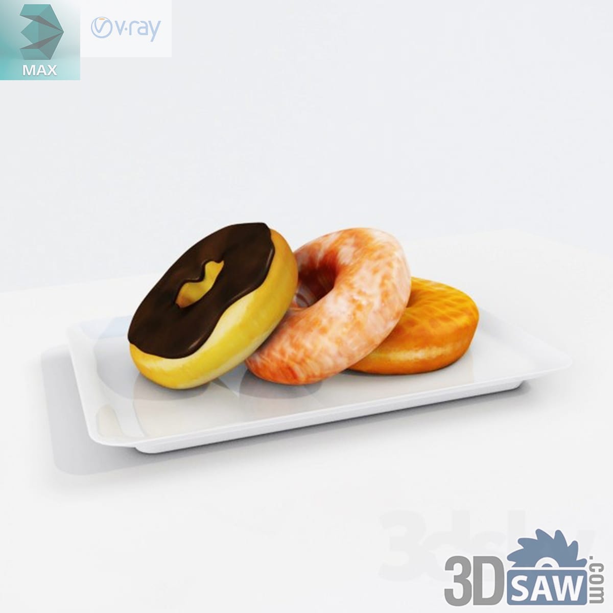 Three ring donuts on a white tray glazed with dark chocolate, pink icing and plain sugar