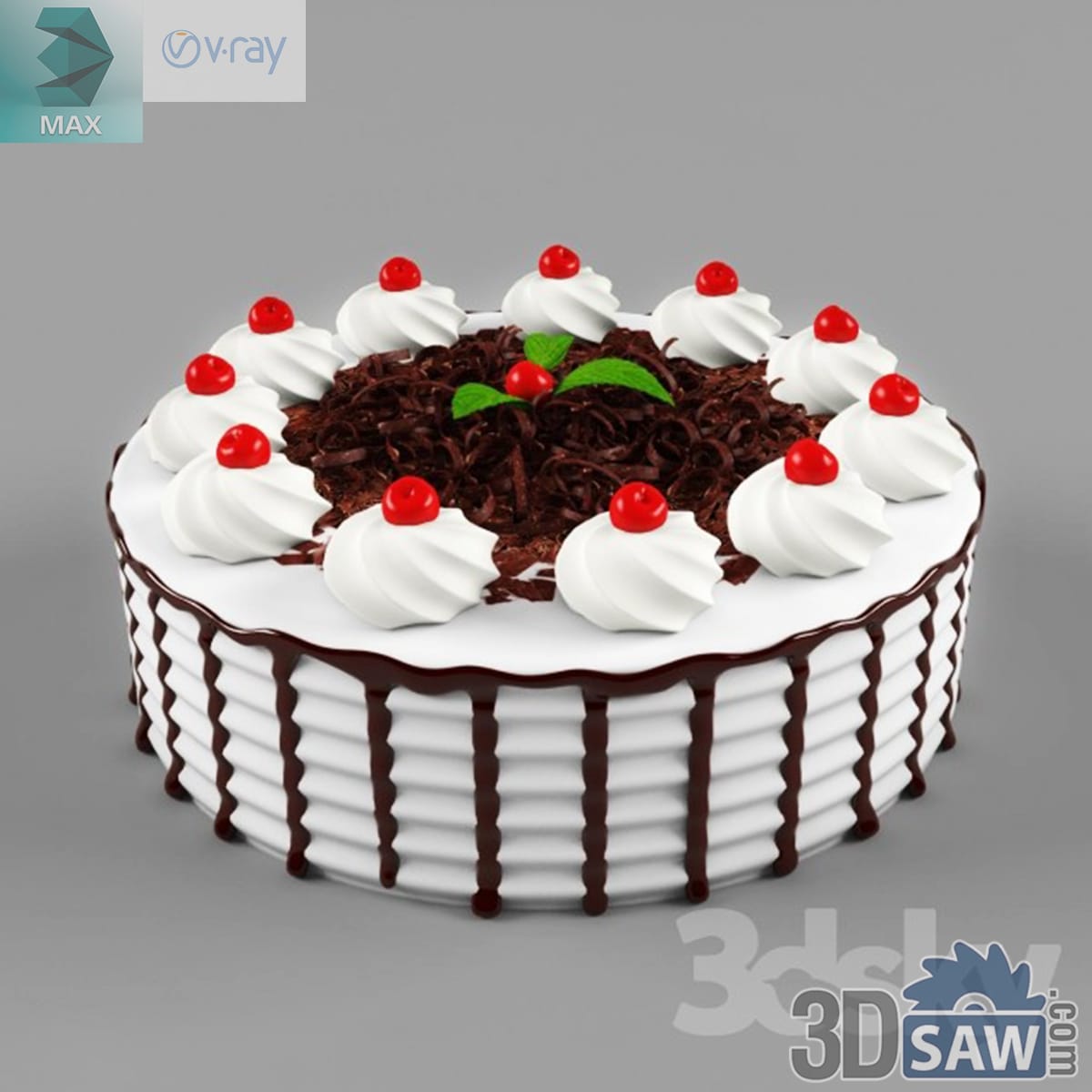 Round Black Forest cake with piped cream rosettes, red cherries and a centre of chocolate shavings