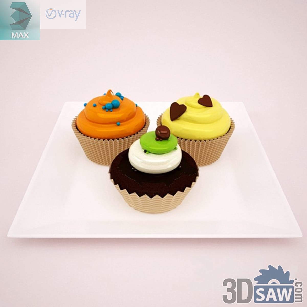 Three cupcakes in kraft cases on a square white plate with orange, yellow and white frosting swirls