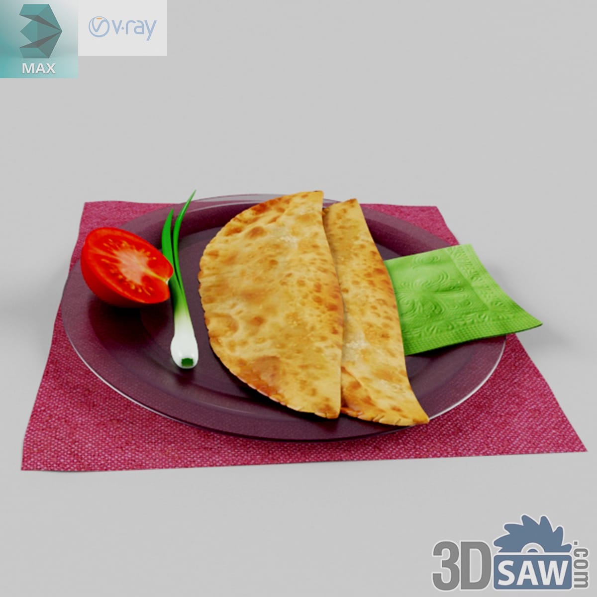 Two golden fried turnovers on a dark plate with half a tomato, a spring onion and a green napkin on a pink mat