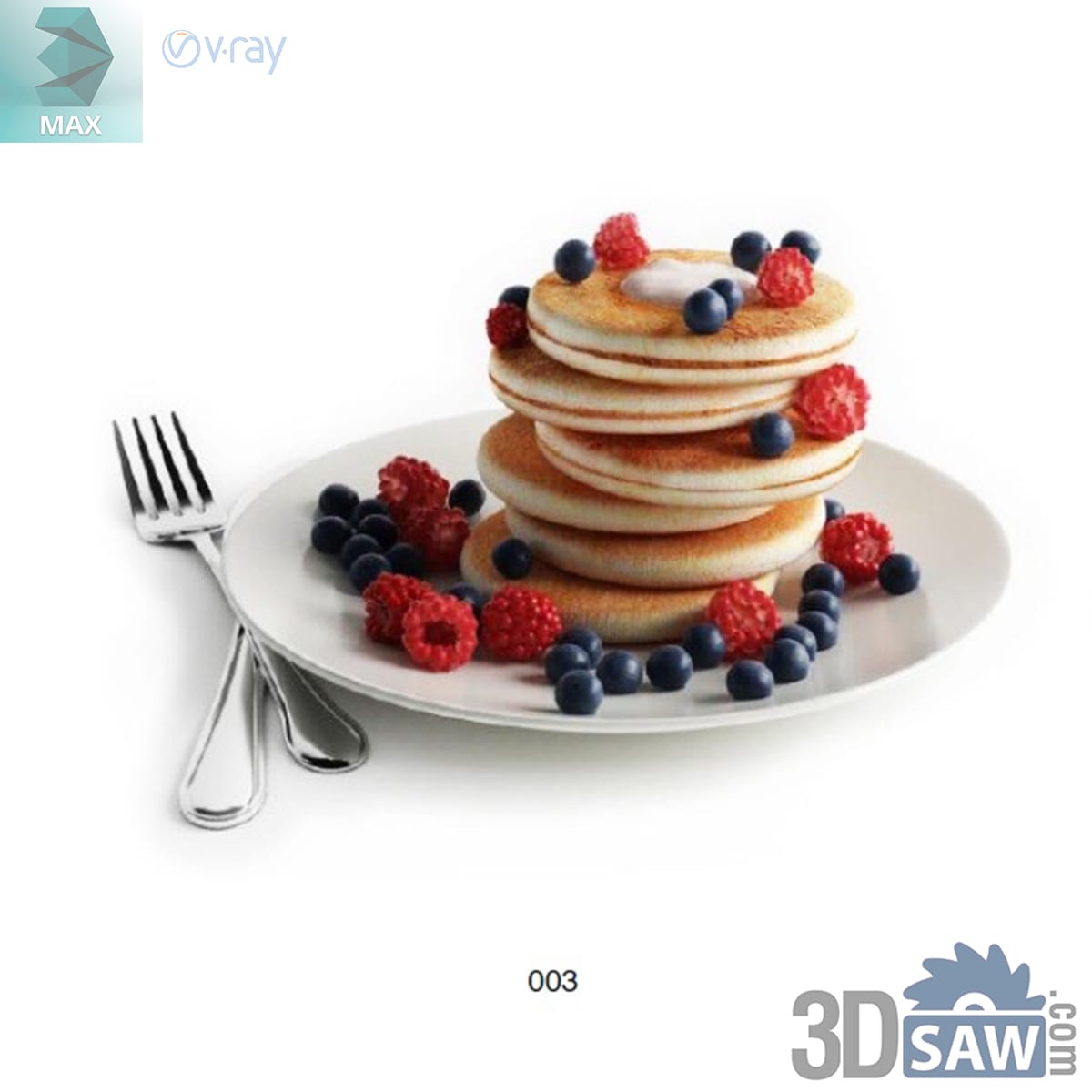 Tall stack of small pancakes topped with cream, raspberries and blueberries with berries ringing the plate