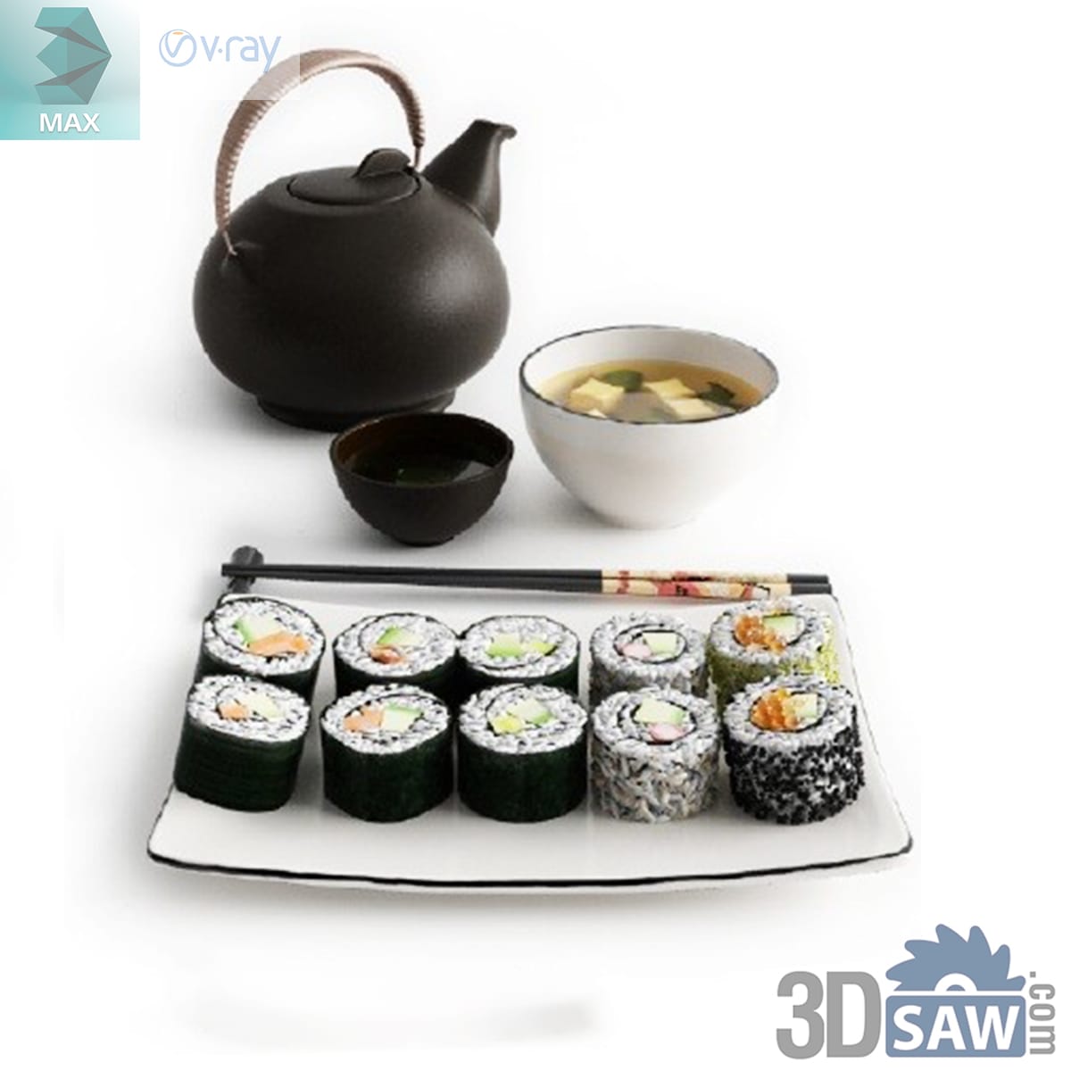 Rectangular plate of assorted maki rolls with a black cane-handled teapot, a bowl of miso soup and chopsticks