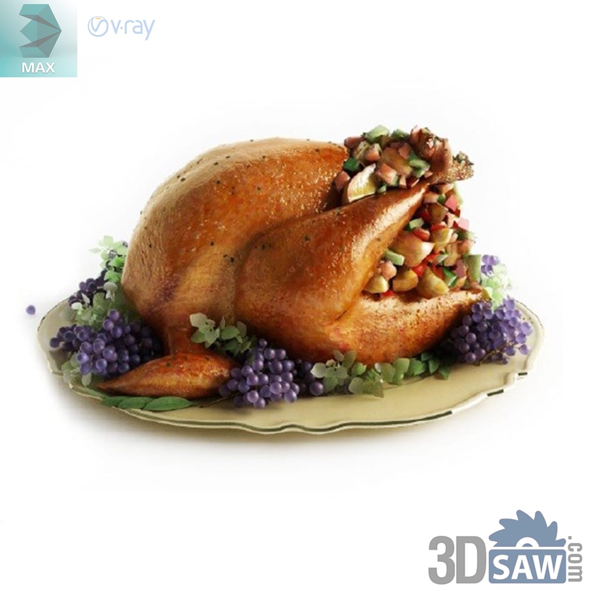 Whole roast chicken glazed amber and cracked with pepper on a platter ringed with purple grapes and greens