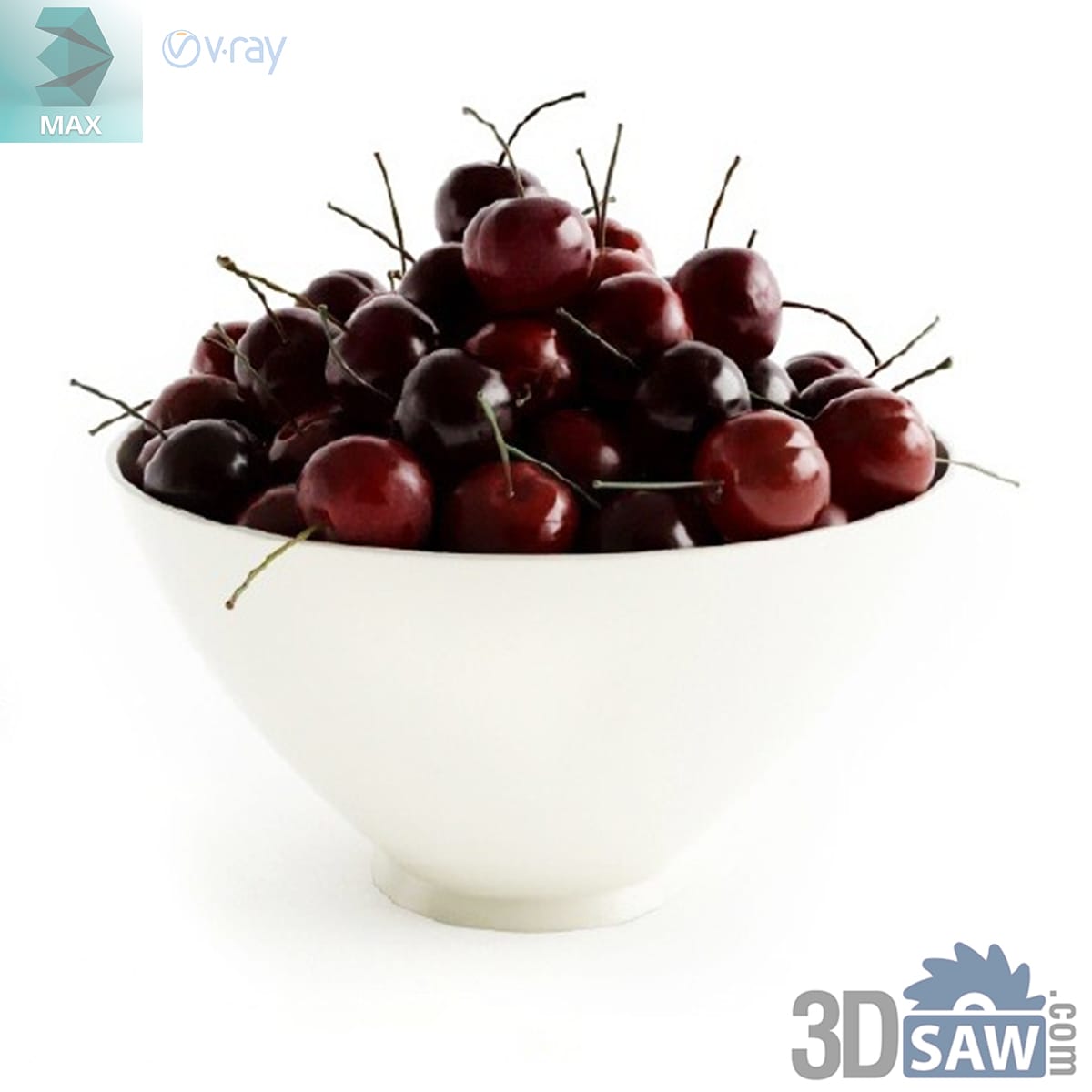 Heaped white bowl of dark-red cherries with stems, a few spilling over the rim