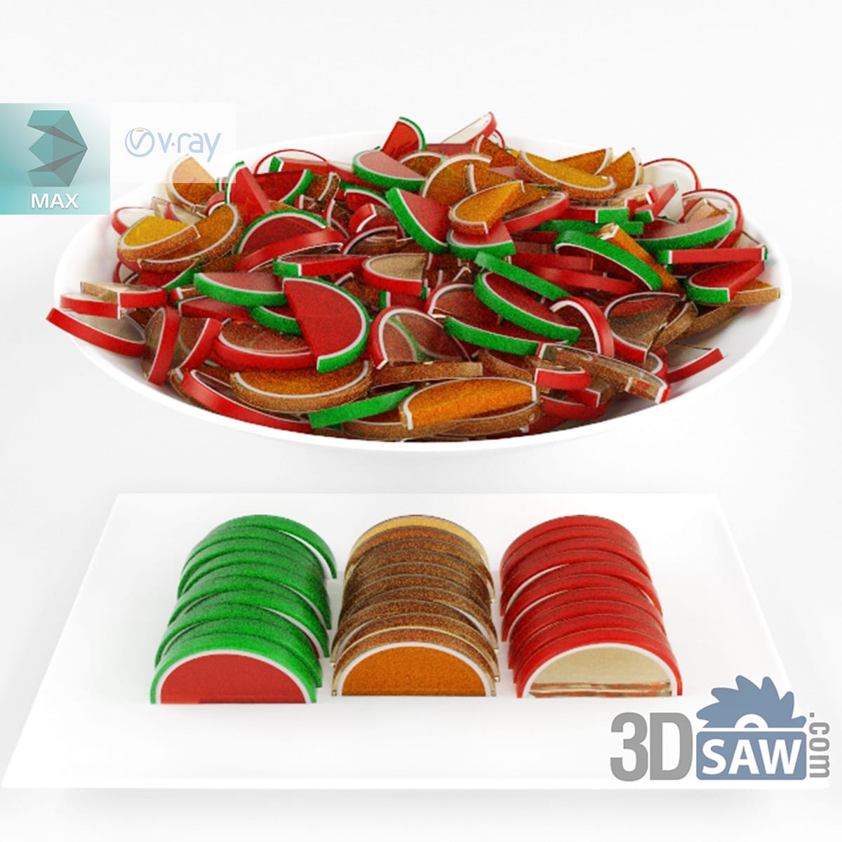 Bowl of translucent jelly candies shaped like watermelon, kiwi and orange wedges with stacked slices on a plate
